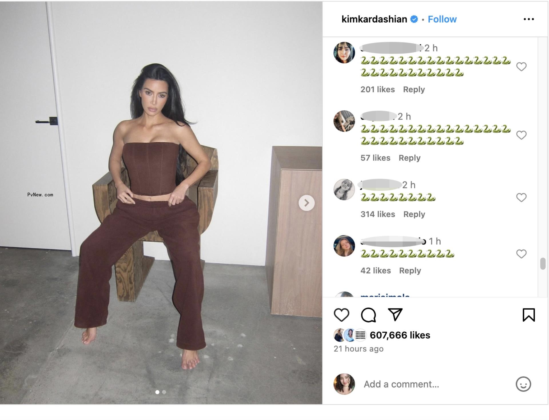 Kim Kardashian in a brown outfit.