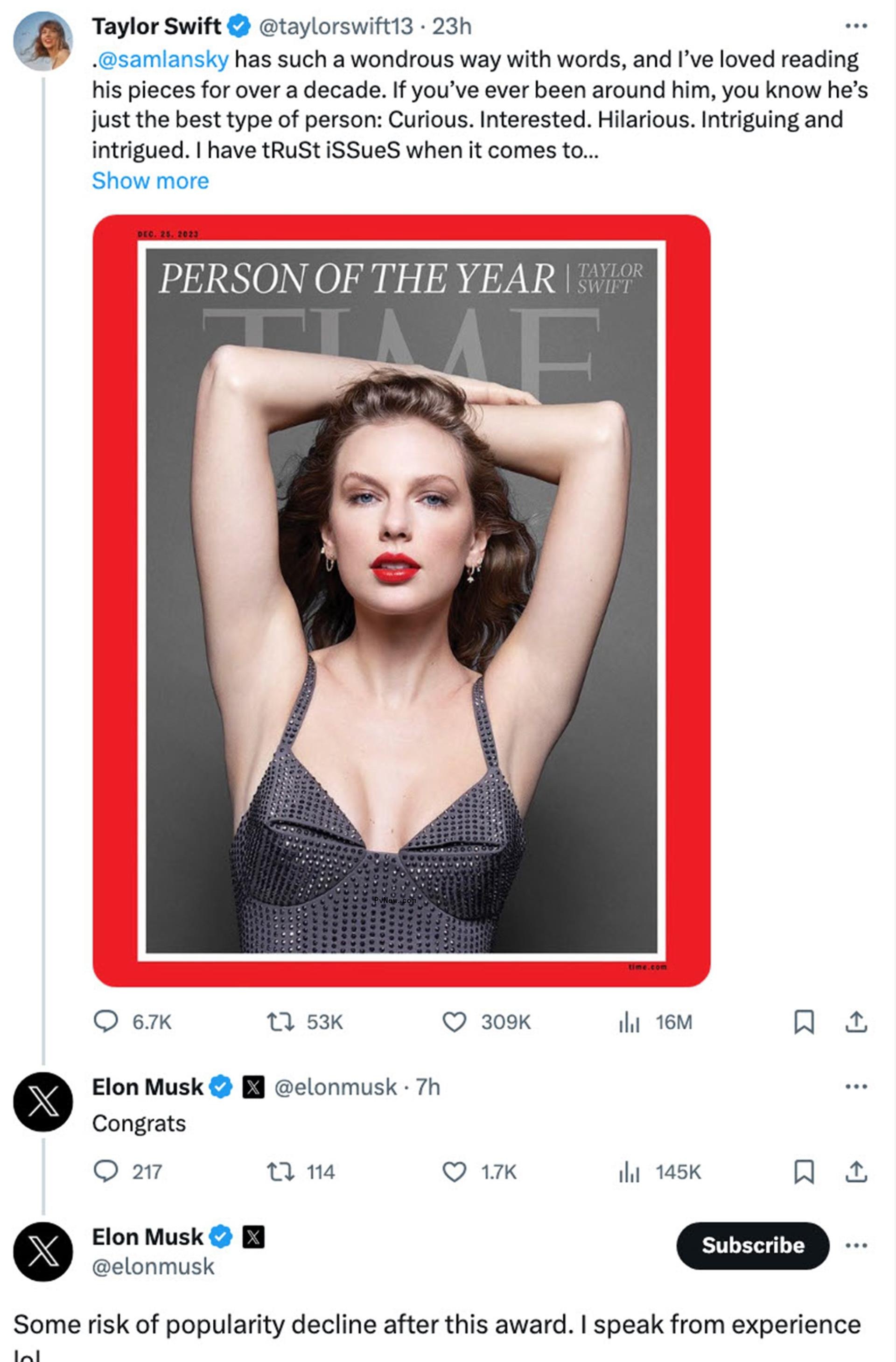 Elon Musk's tweet to Taylor Swift.