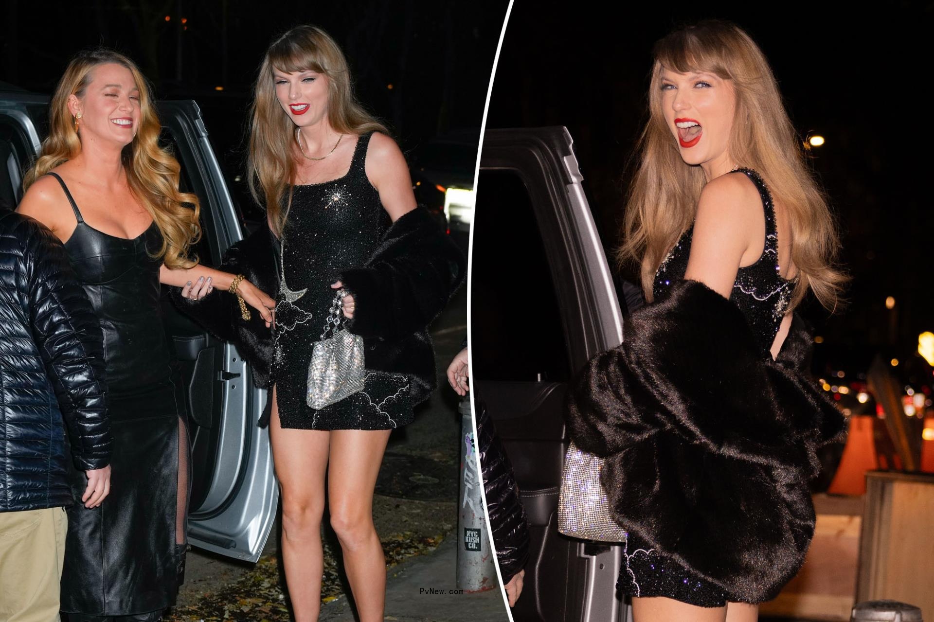Taylor Swift shows off to<i></i>ned legs in sky-high heels, sparkly minidress for 34th birthday party with Blake Lively