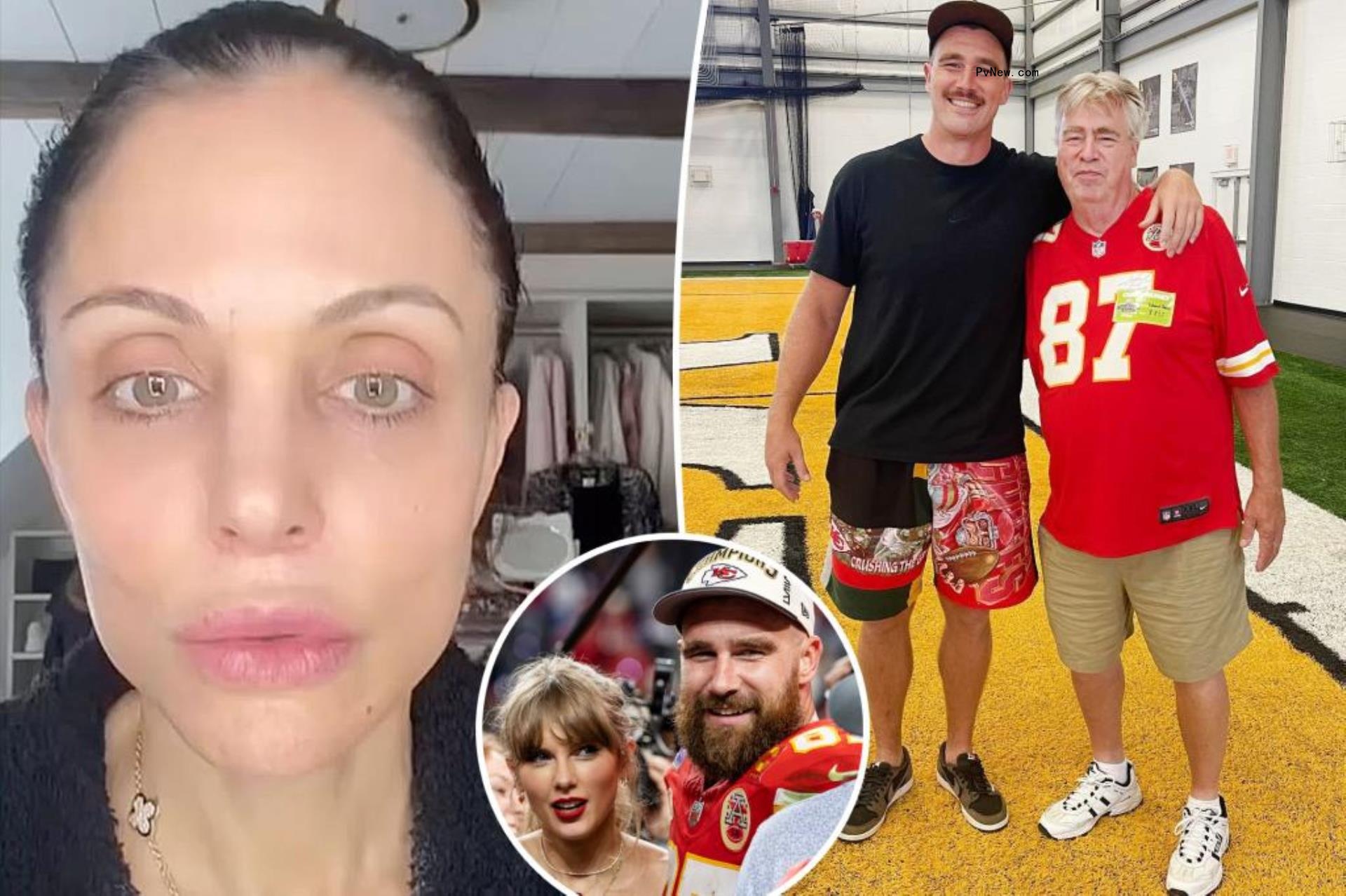 Bethenny Frankel split with Travis and Ed Kelce with an inset with Travis and Taylor Swift.