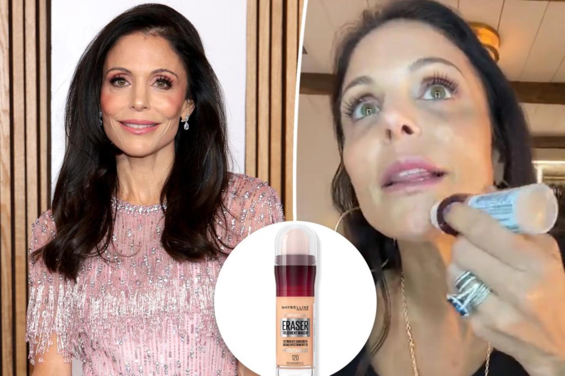 Two photos of Bethenny Frankel with an inset of a Maybelline foundation tube