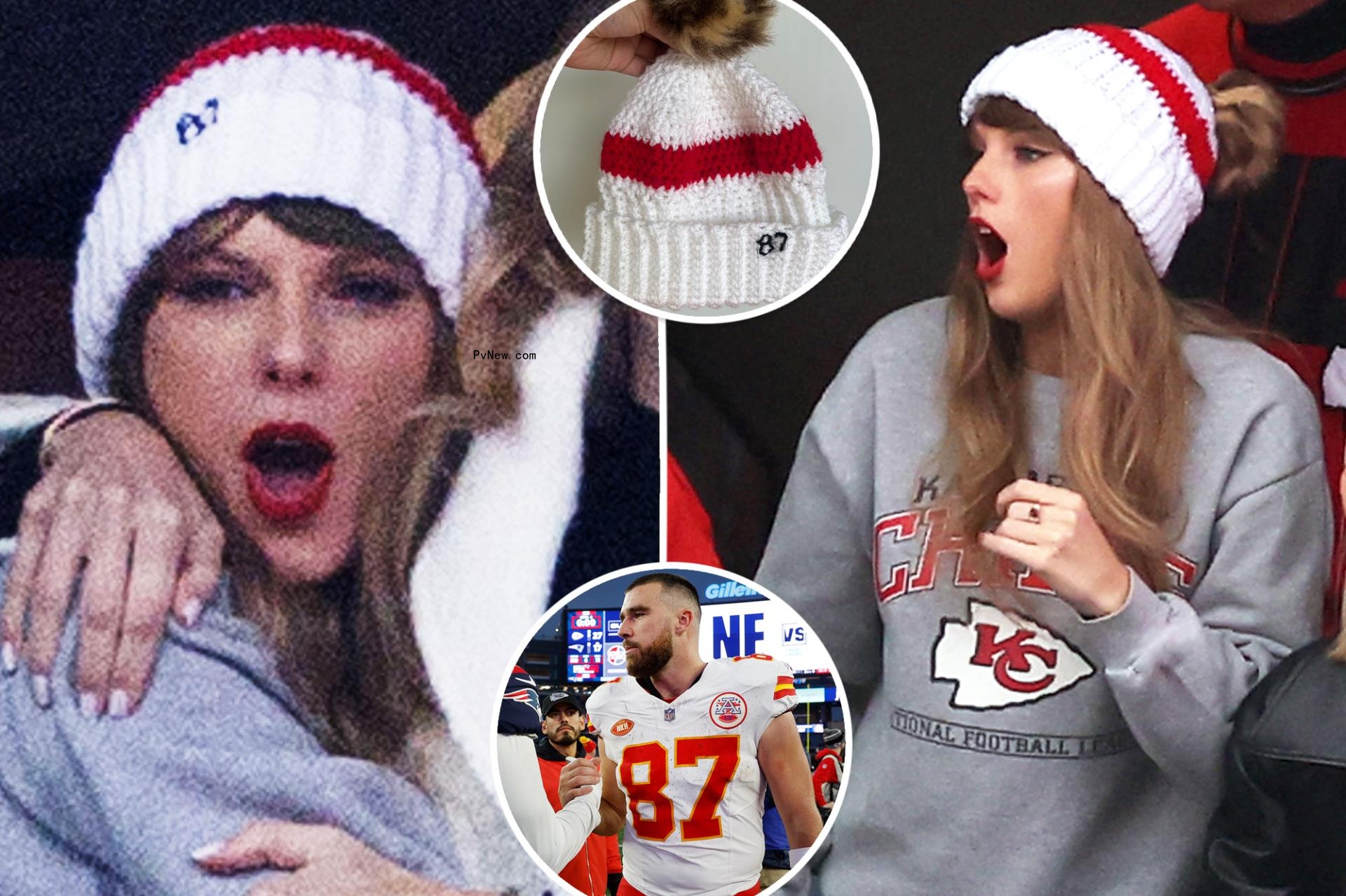 Taylor Swift tips her hat to Travis Kelce in beanie with his jersey number at Chiefs vs. Patriots game