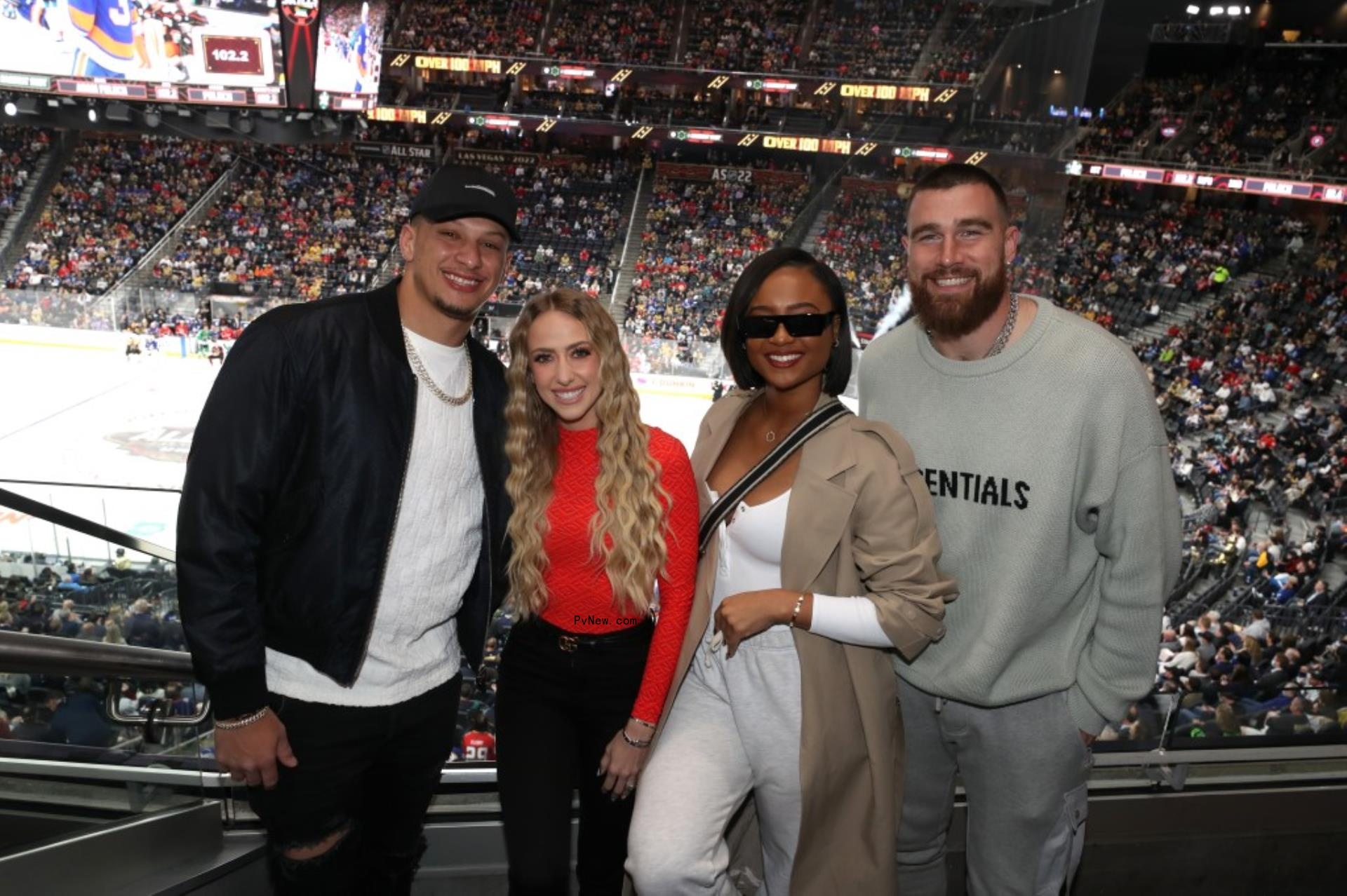 Patrick Mahomes, Brittany Mahomes, Kayla Nicole and Travis Kelce at a hockey game