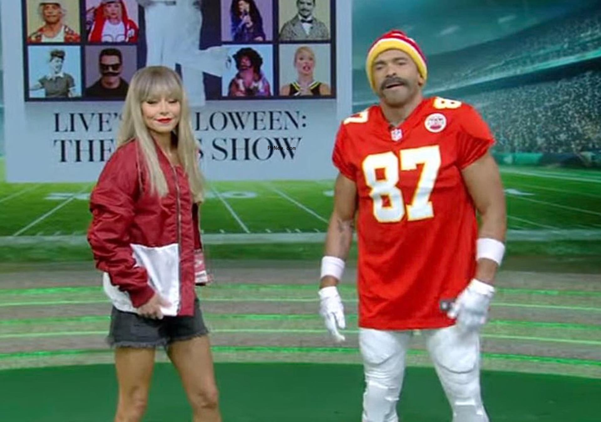 Kelly Ripa and Mark Co<i></i>nsuelos dressed as Taylor Swift and Travis Kelce.