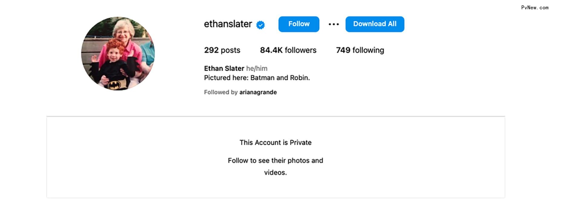 A screenshot of Ethan Slater's private Instagram account.