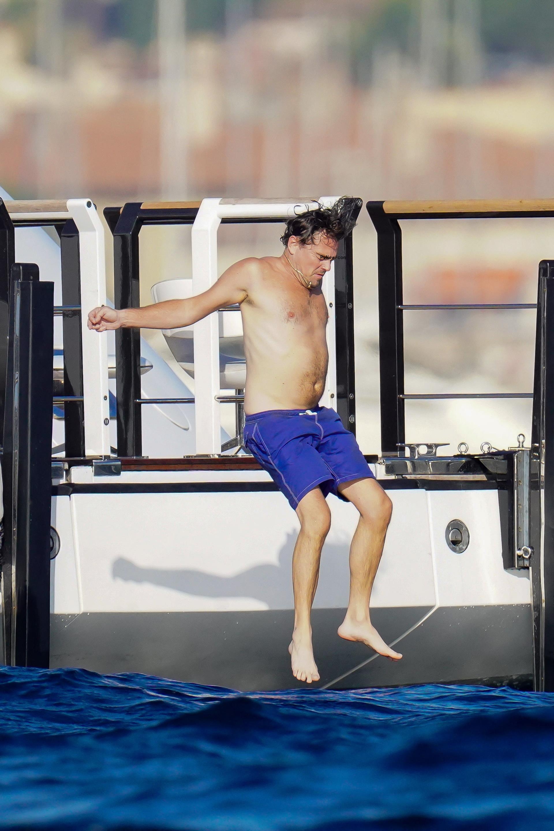 Leo<i></i>nardo DiCaprio jumping off the yacht into the ocean.