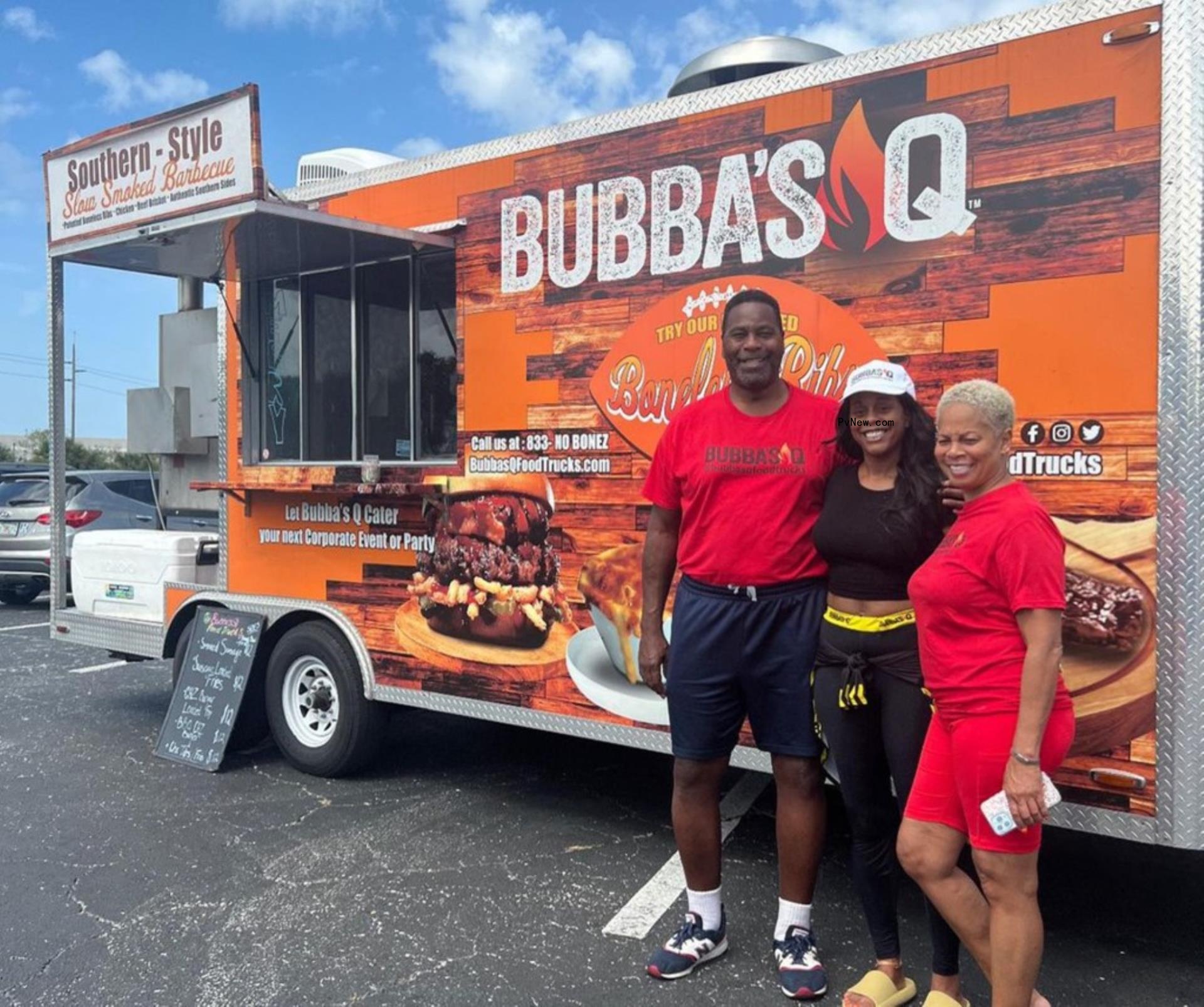 Al “Bubba” Baker, his wife Sabrina and his daughter Brittani standing next to their BBQ truck