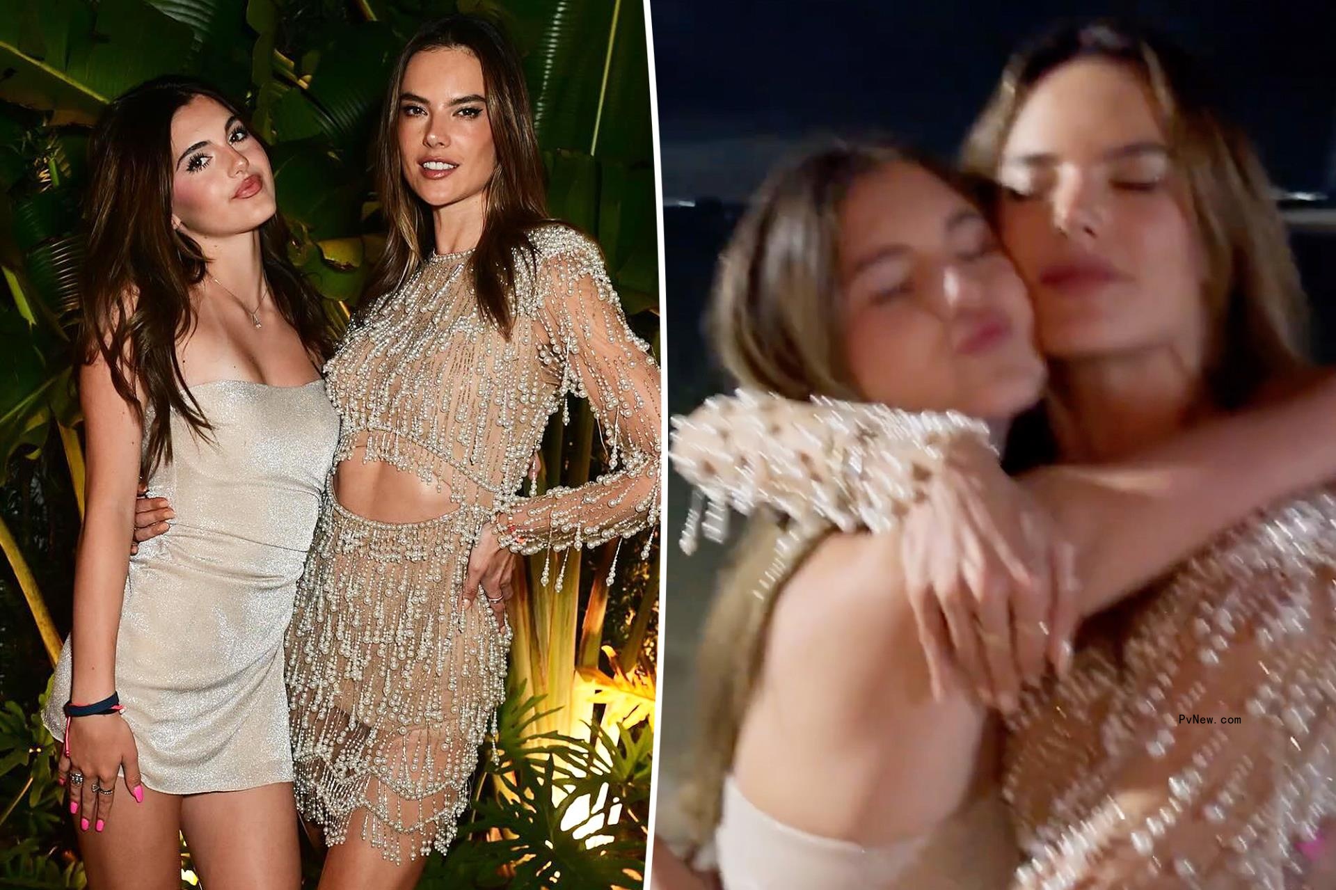 Alessandra Ambrosio and her look-alike daughter Anja, 15, pose in sparkling minidresses on New Year’s Eve
