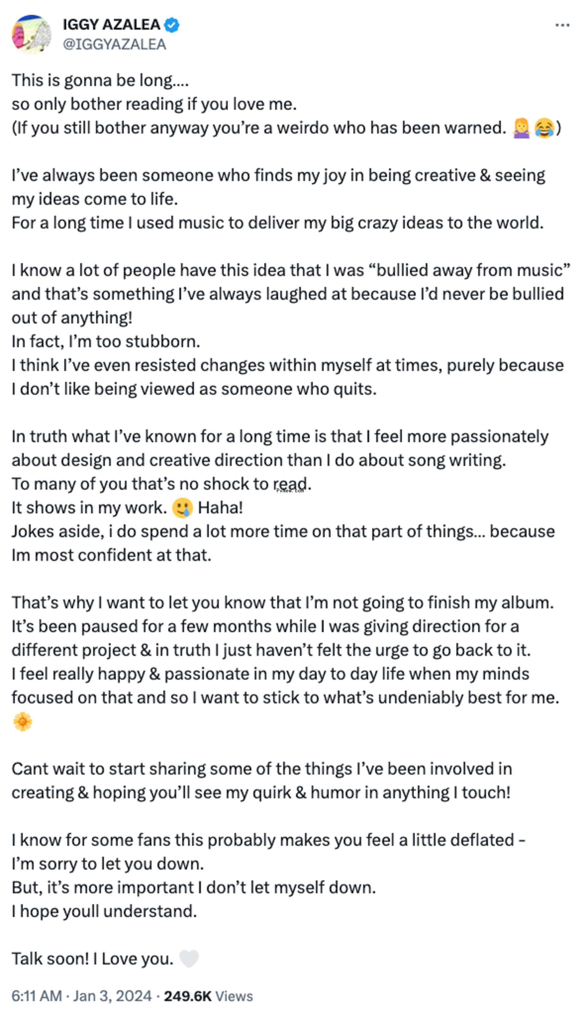 Iggy Azalea's letter to fans