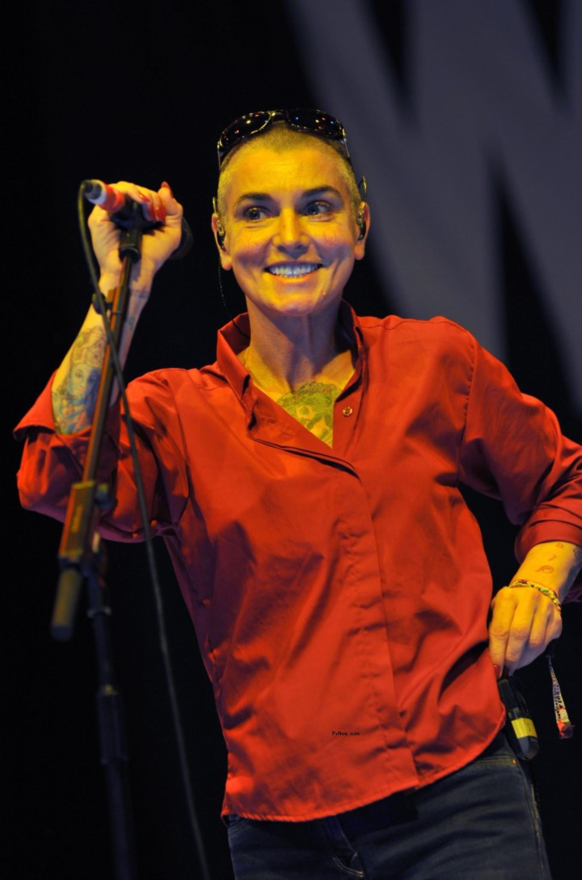 Sinéad O'Co<i></i>nnor singing onstage.