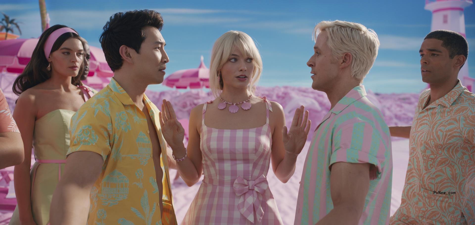 Simu Liu, Margot Robbie and Ryan Gosling