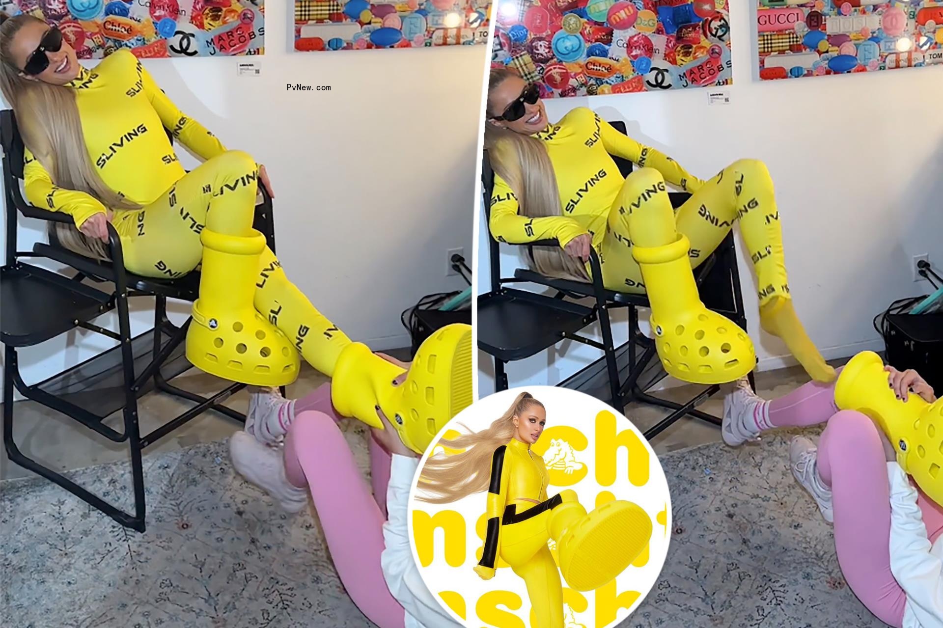 Paris Hilton hilariously struggles to remove Crocs’ new enormous boots