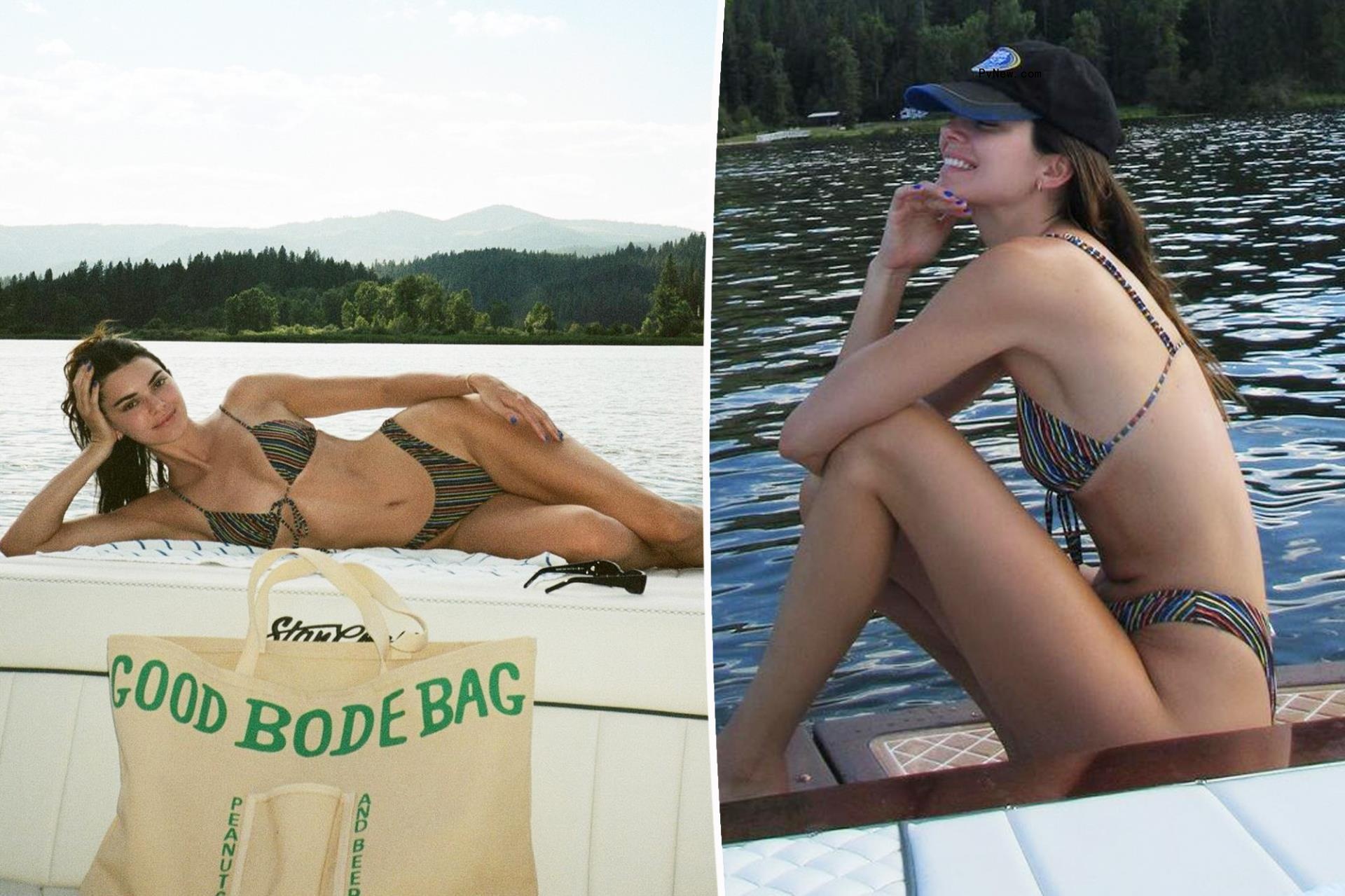 Kendall Jenner lounges in sexy striped bikini on vacation — possibly with Bad Bunny