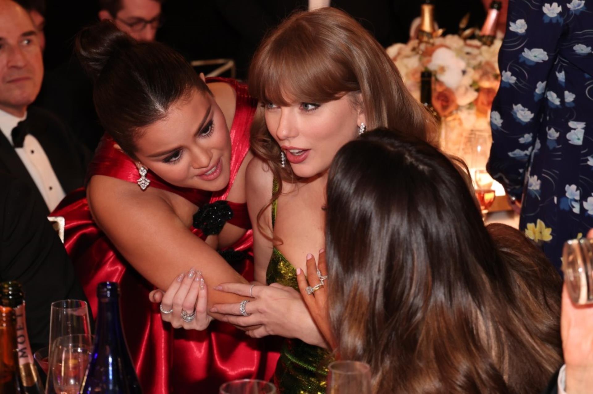 Taylor Swift, Selena Gomez, and Keleigh Sperry at the 2024 Golden Globes.
