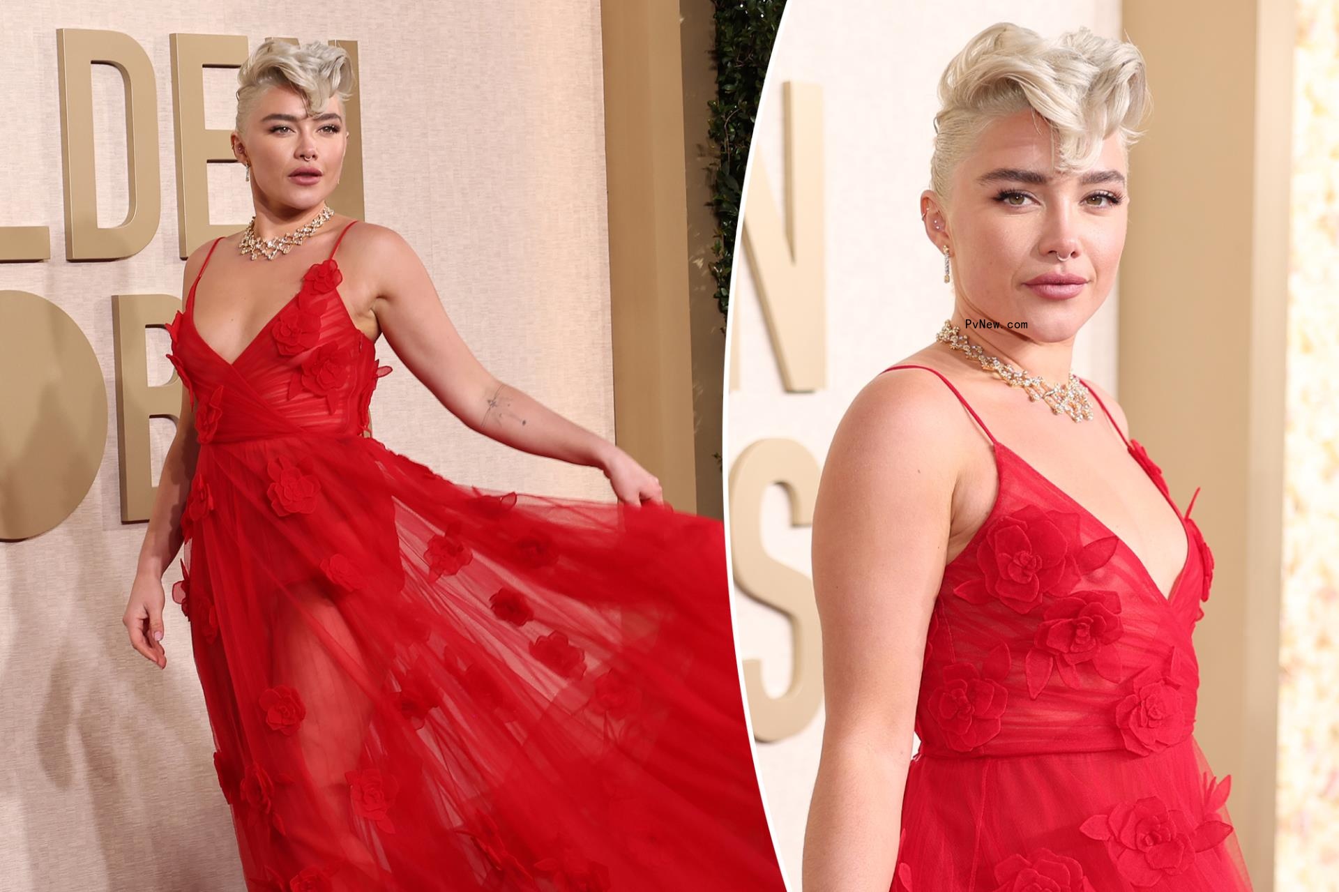 Florence Pugh heats up the Golden Globes 2024 red carpet in sheer scarlet gown