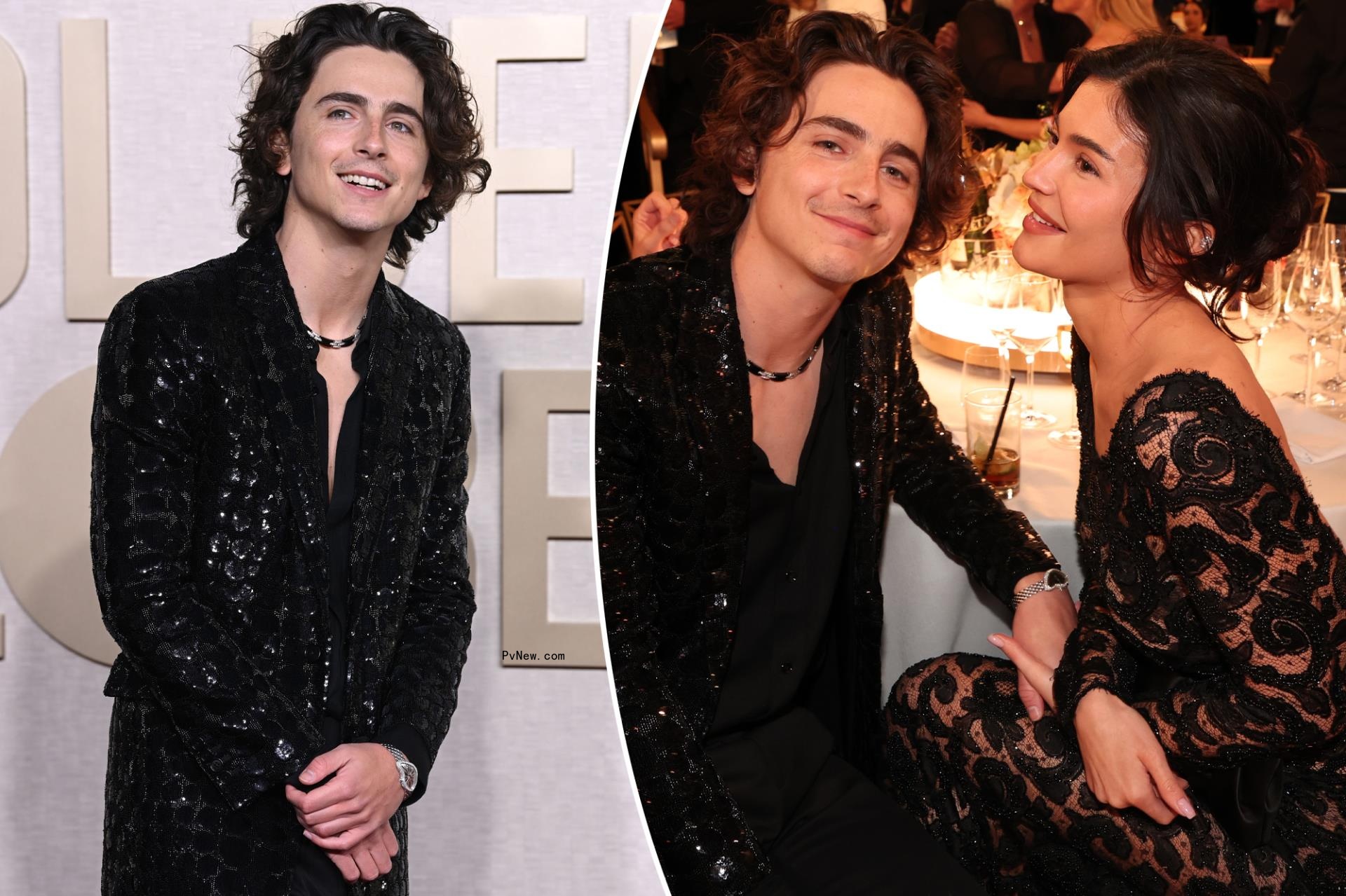 Timothée Chalamet and Kylie Jenner twin in black embellished ensembles at 2024 Golden Globes