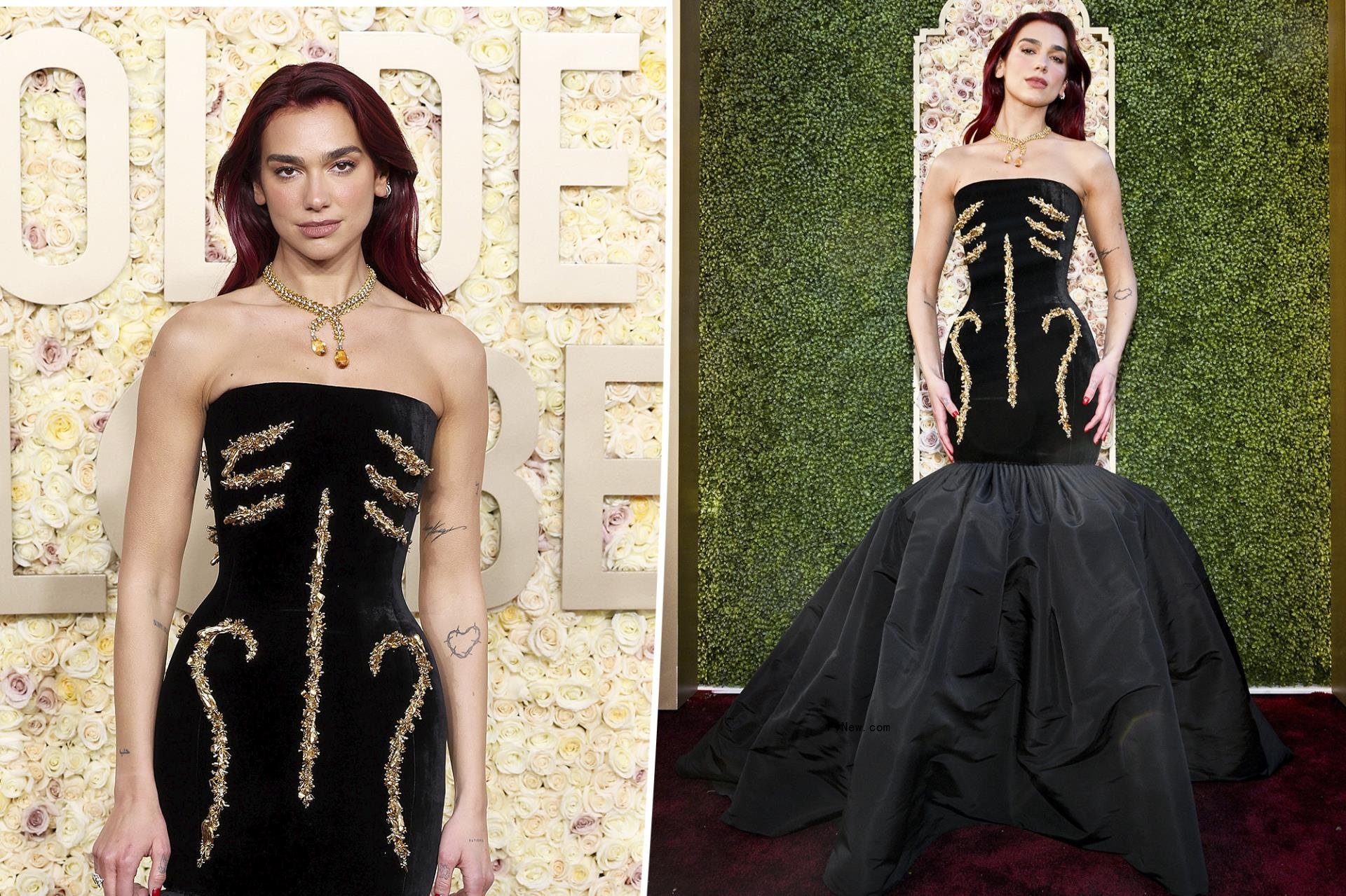 Dua Lipa is covered in glamorous gilded bo<i></i>nes on Golden Globes 2024 red carpet