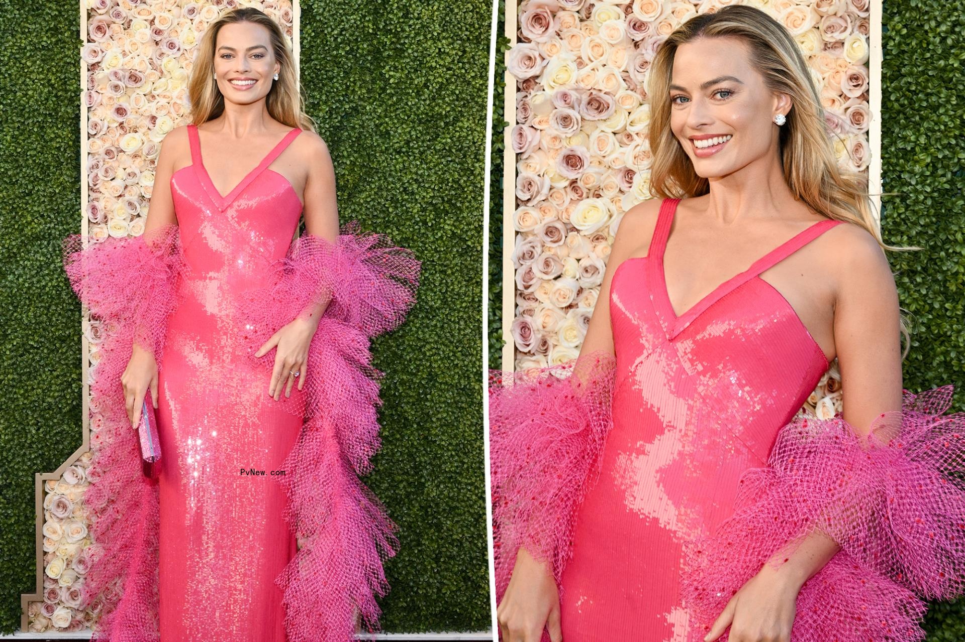 Margot Robbie channels Superstar Barbie in pink sequins and $3M in diamo<i></i>nds at Golden Globes 2024