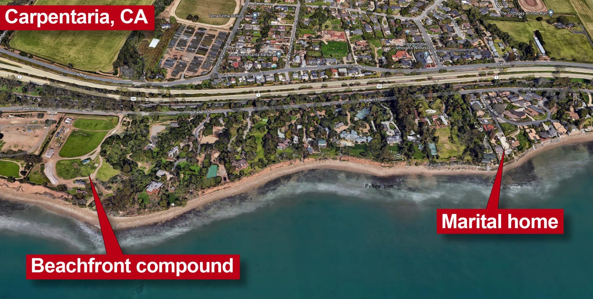 Map of Kevin Costner's Santa Barbara properties