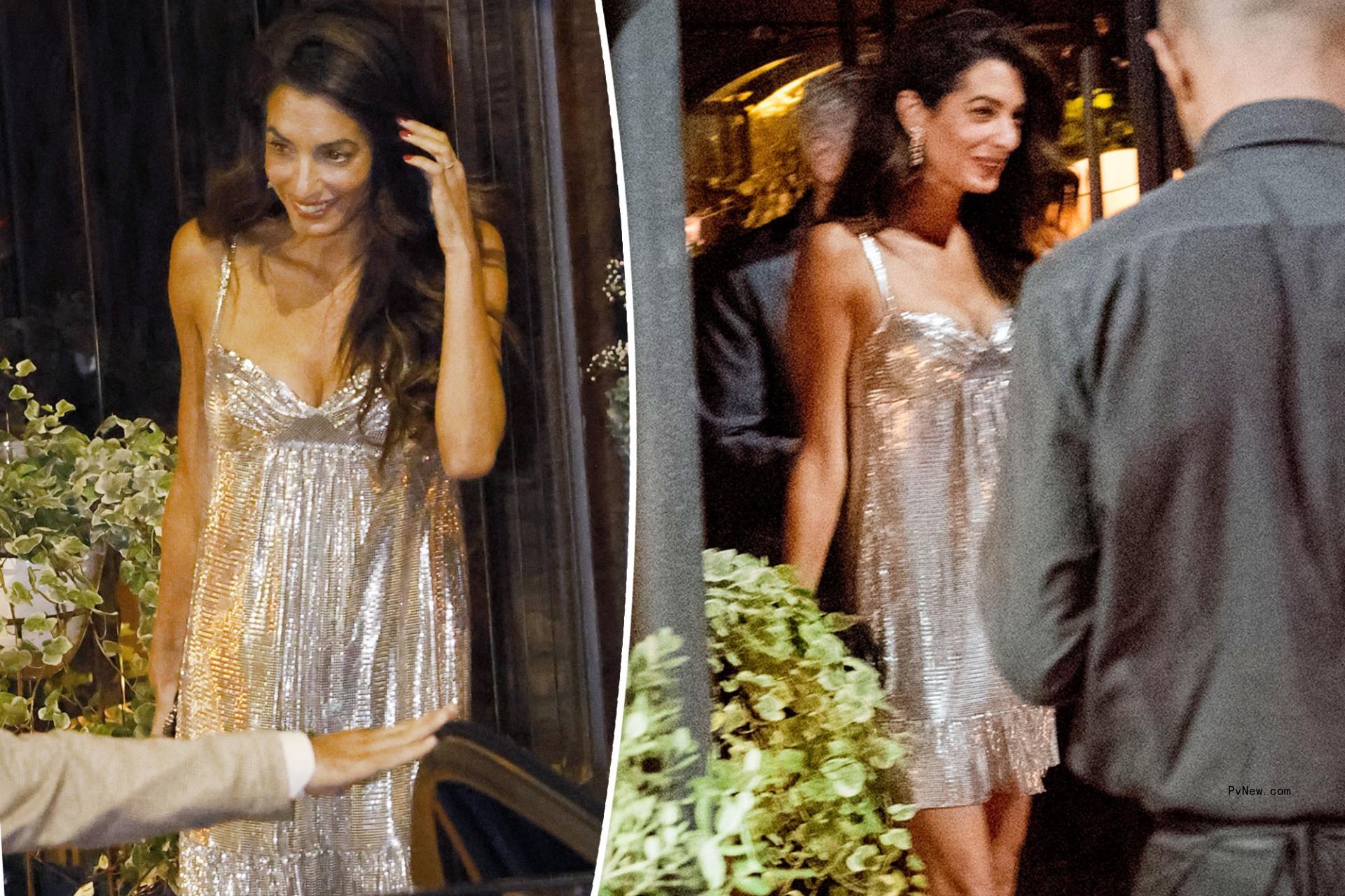Amal Cloo<i></i>ney shimmers in silver sequins on Lake Como date with George Clooney