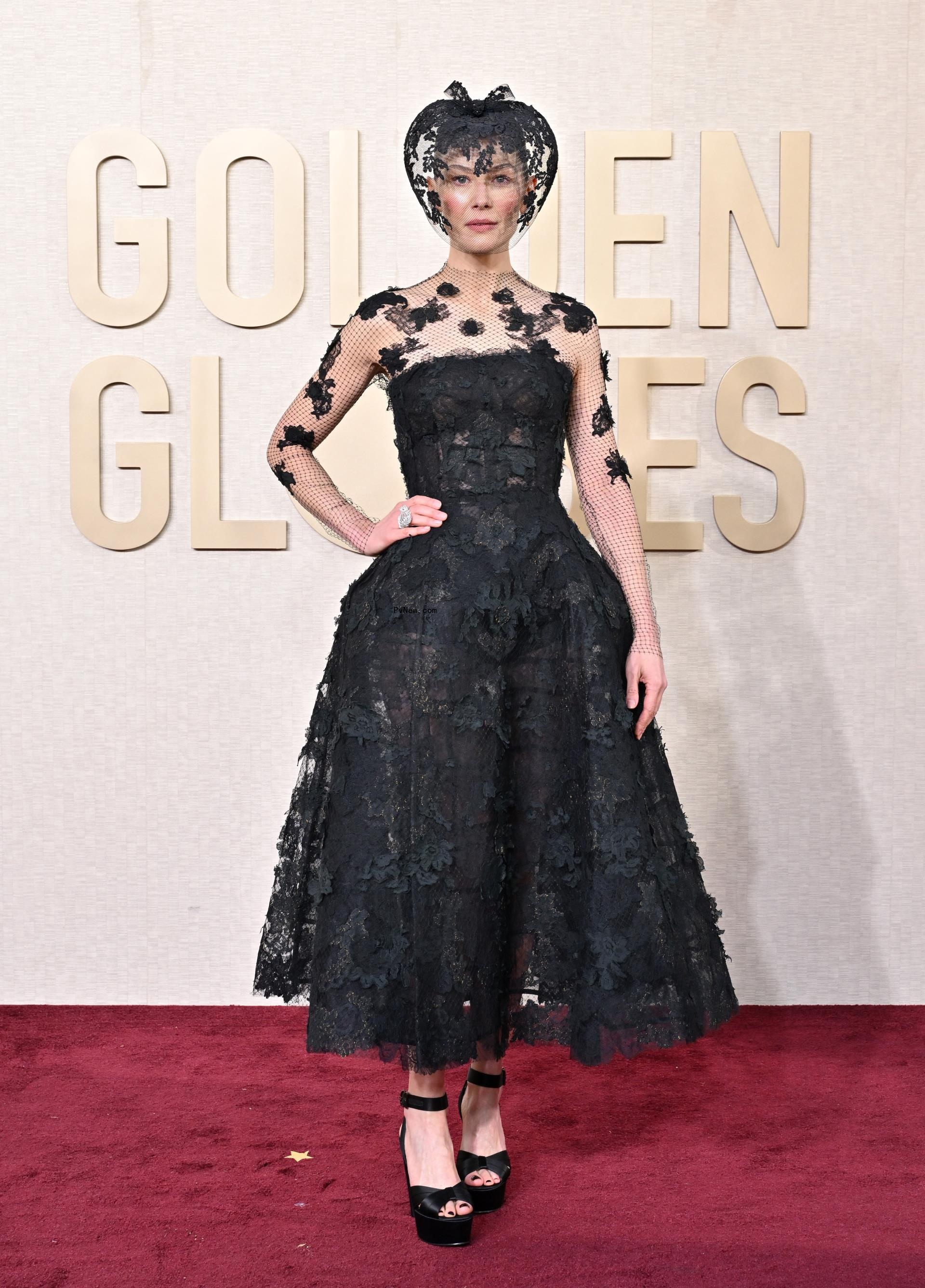Rosamund Pike attends the 81st Annual Golden Globe Awards at The Beverly Hilton on January 07, 2024 in Beverly Hills, California.
