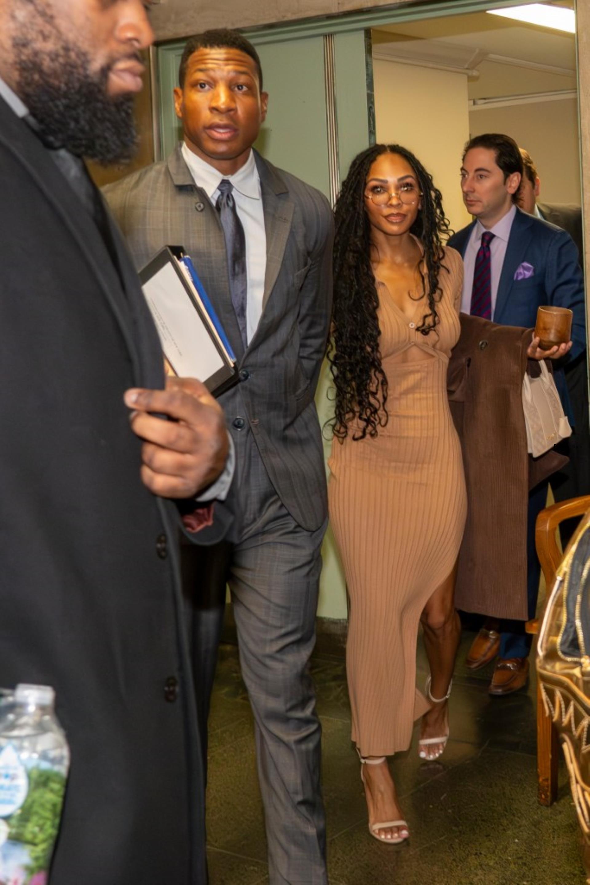 jo<i></i>nathan majors and girlfriend meagan good leaving court