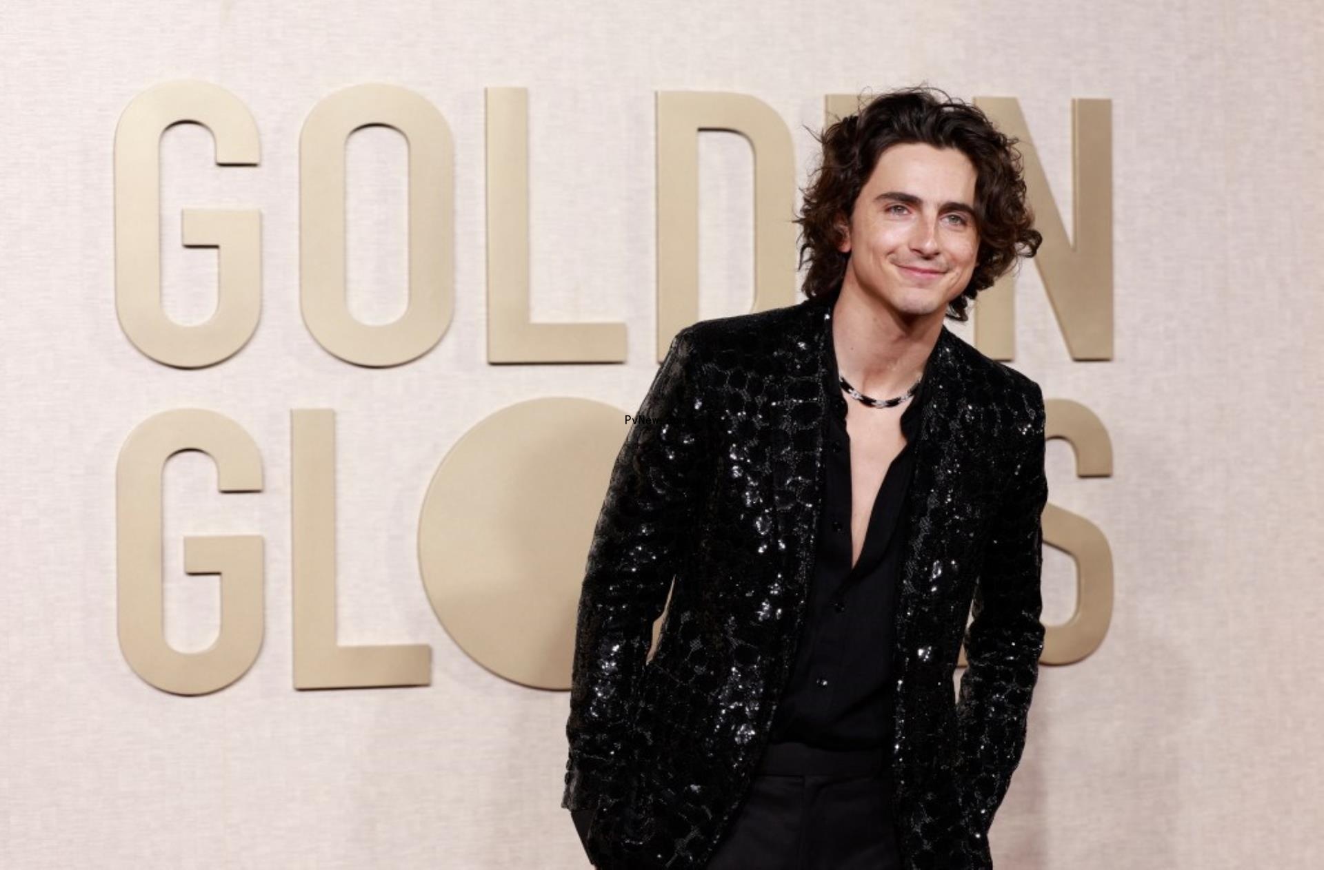 Timothée Chalamet at the 2024 Golden Globes red carpet.
