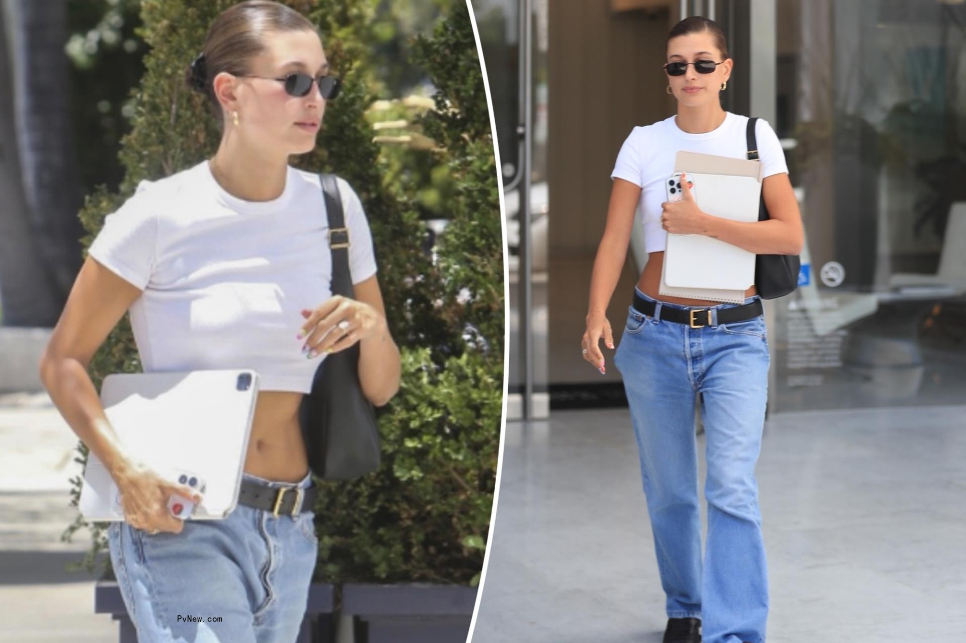 Hailey Bieber rocks crop top, low-rise jeans leaving office building in LA