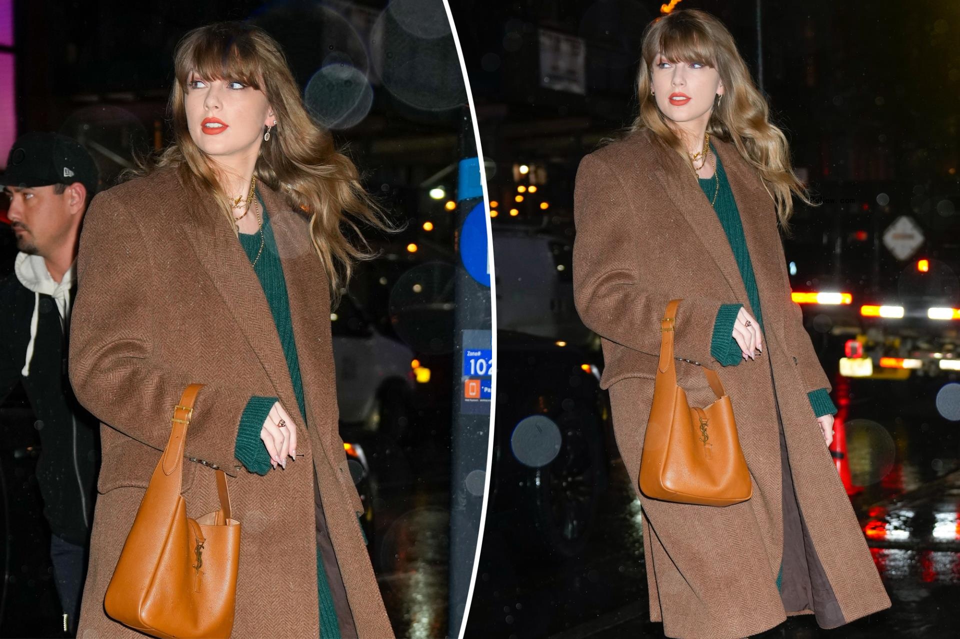 Taylor Swift co<i></i>ntinues her green streak post-Golden Globes in chic bundled look and nearly $3K purse