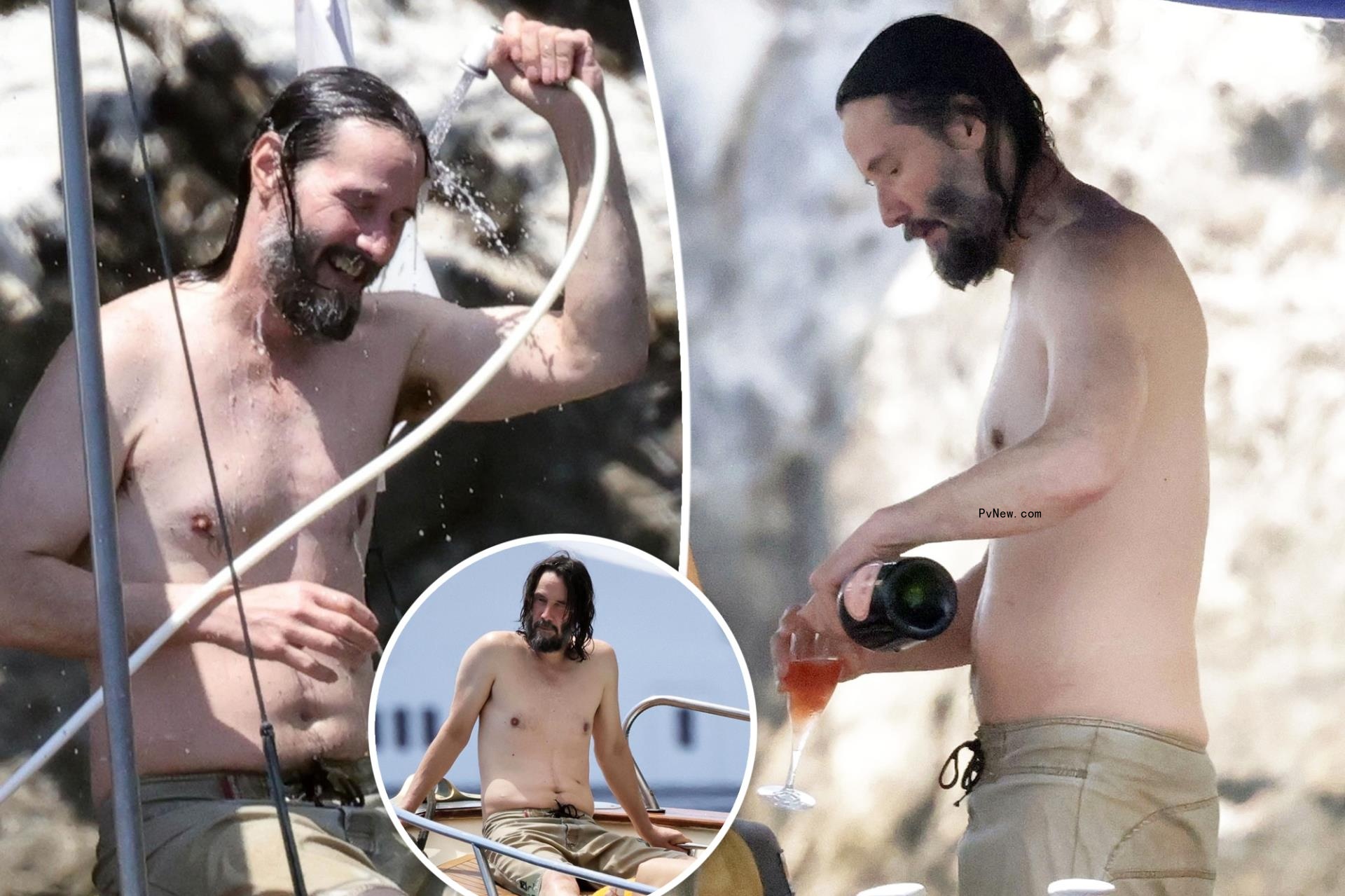 Shirtless Keanu Reeves hoses himself off, sips champagne on boat in Italy