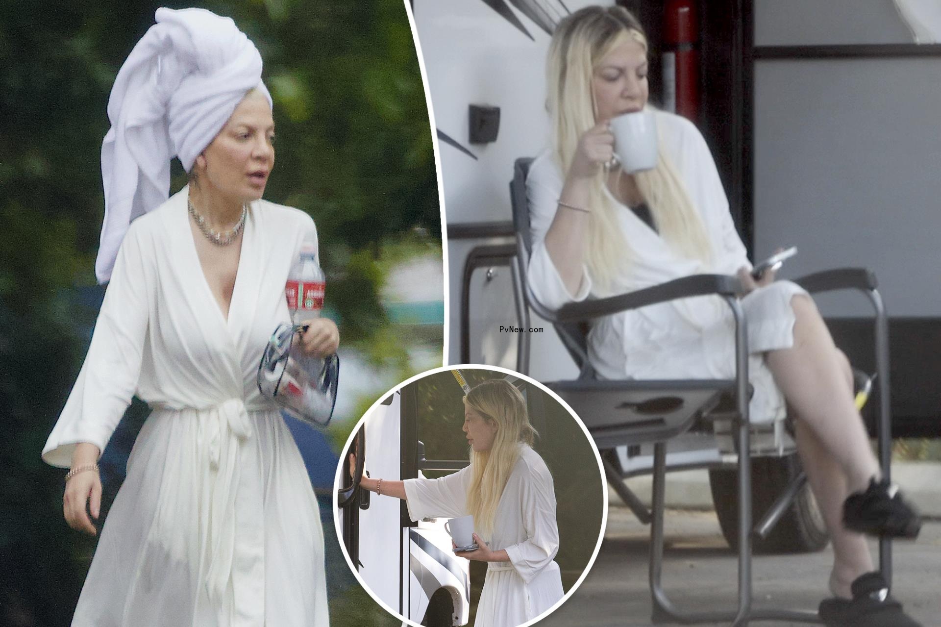 Tori Spelling freshens up in campsite’s communal bathroom as she and her kids are living in RV