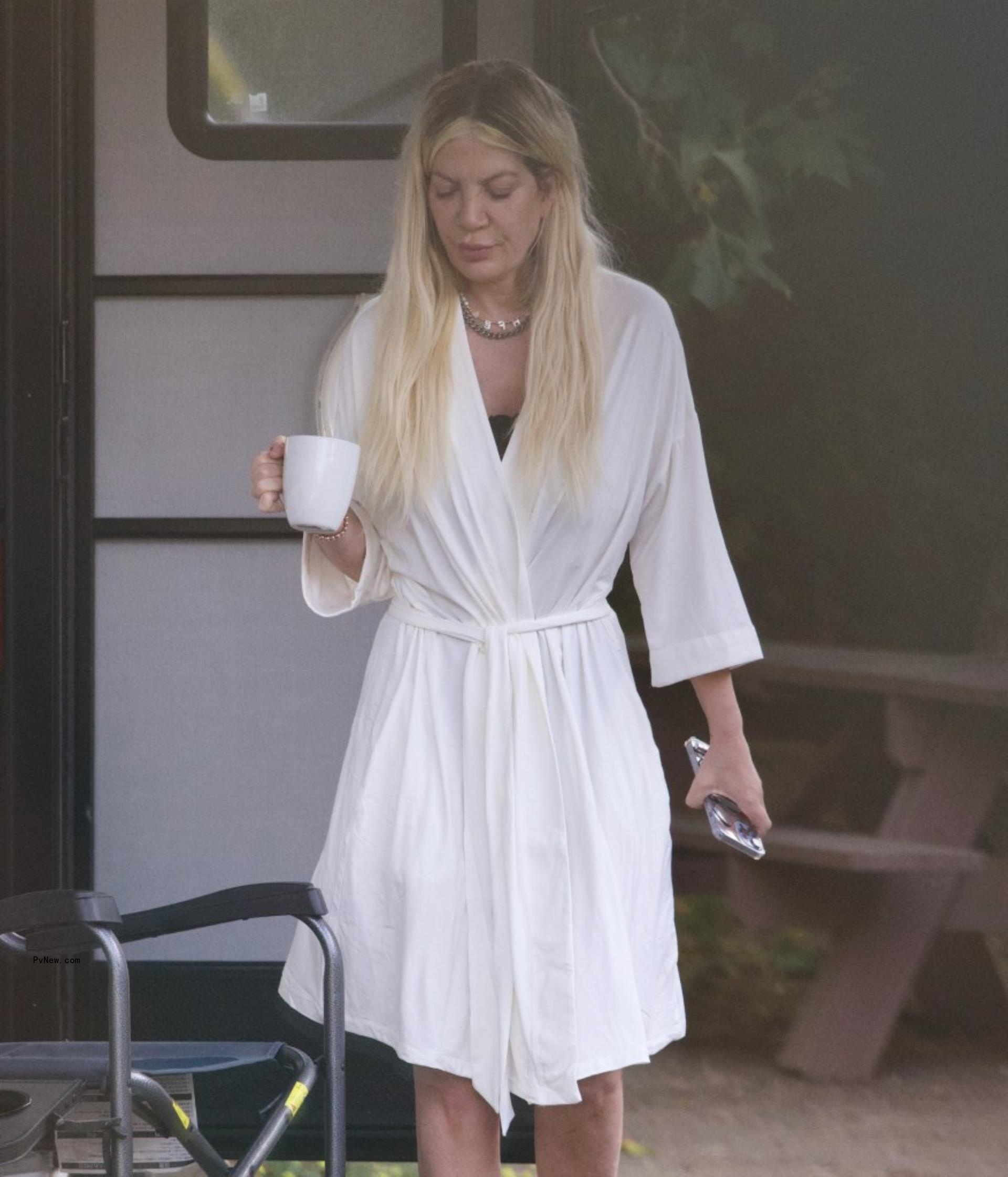 Tori Spelling outside of her RV.