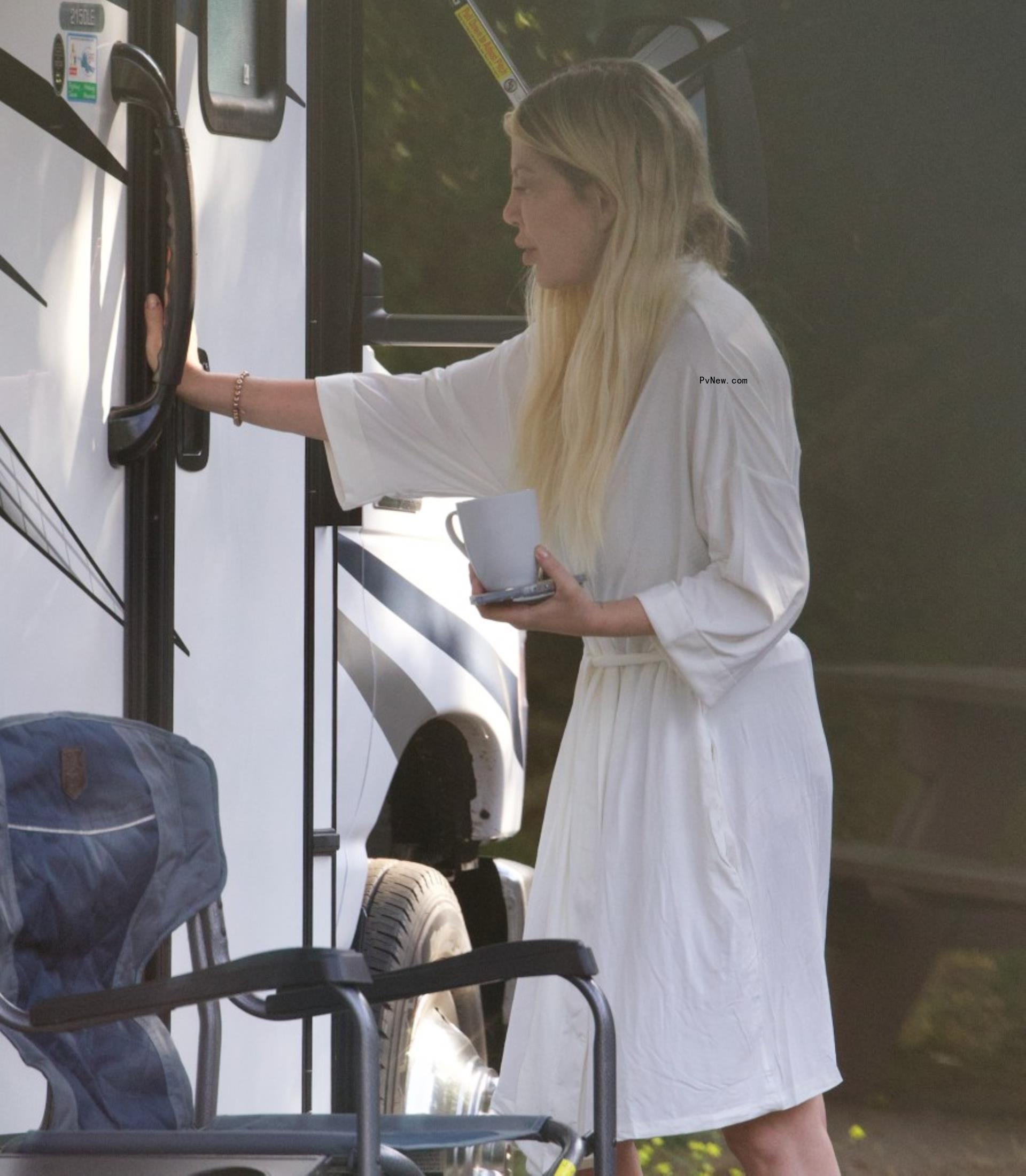 Tori Spelling outside of her RV.