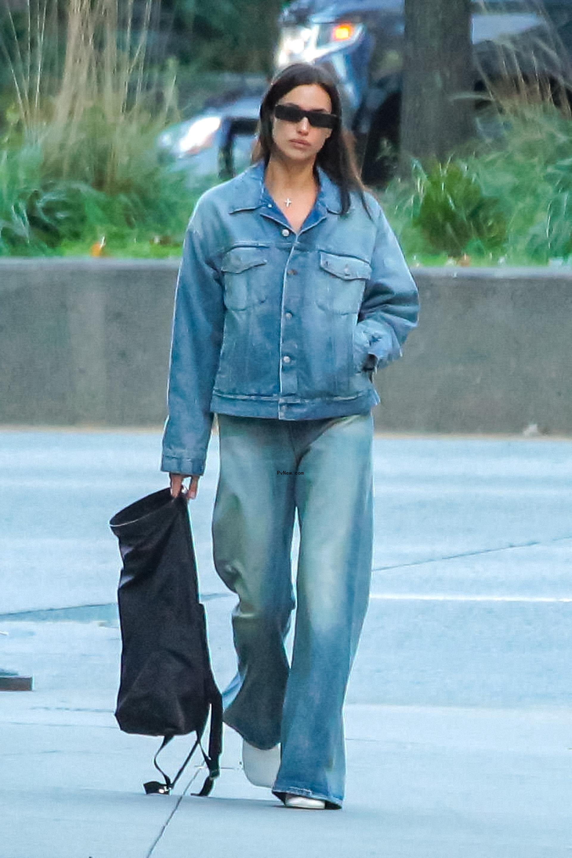 Irina Shayk in a denim outfit.