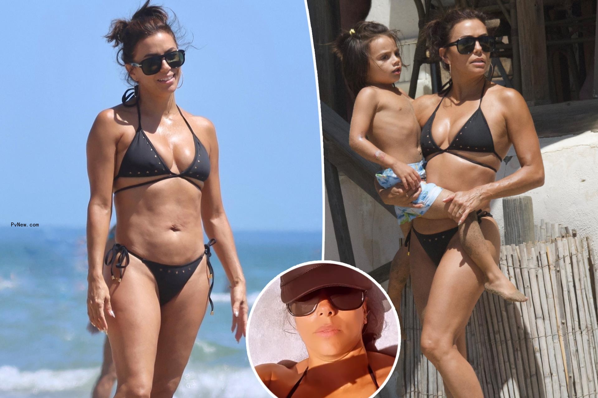 Eva Lo<i></i>ngoria looks incredible in a black string bikini as she hits the beach in Spain with son