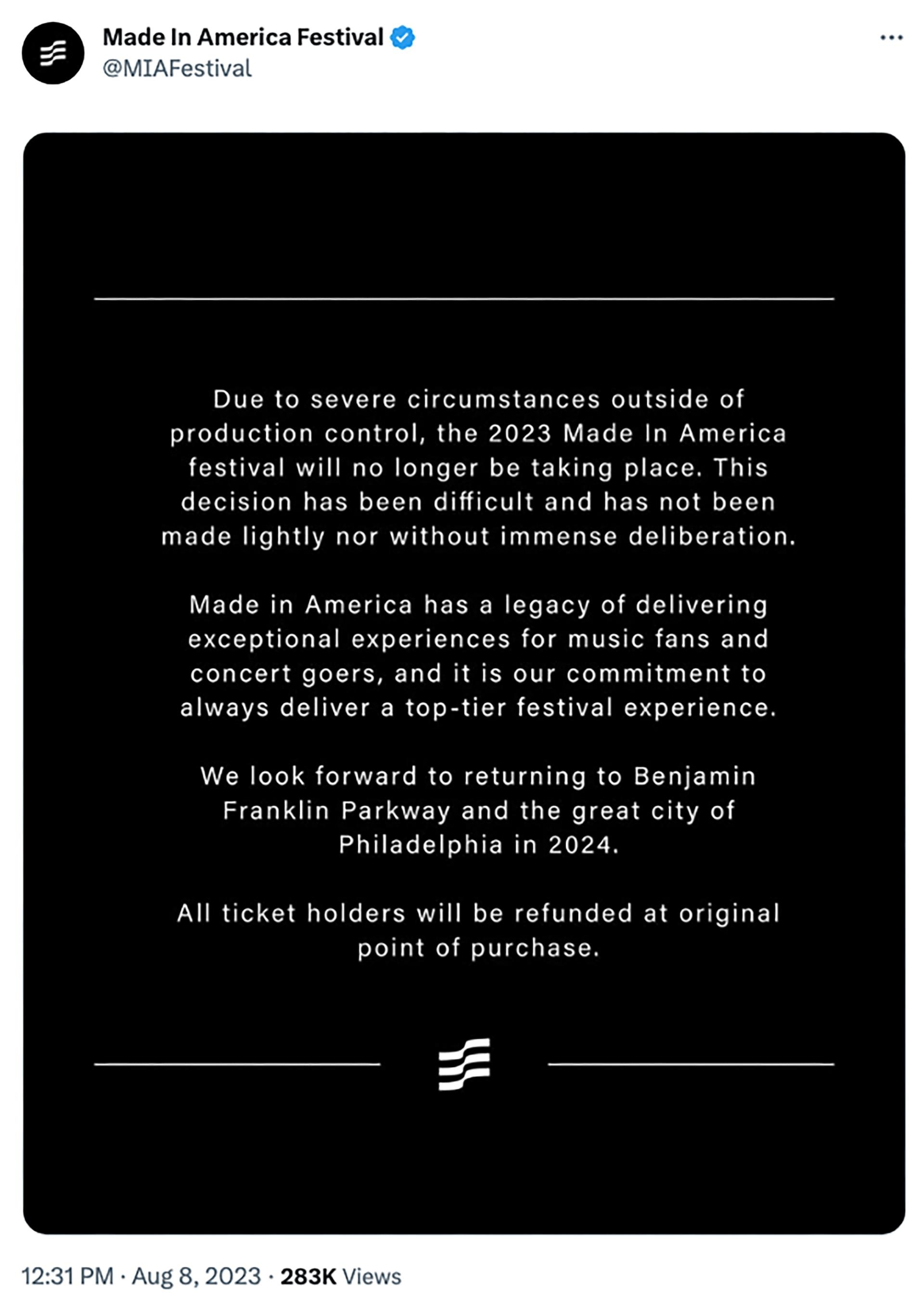 A statement from Made In America.