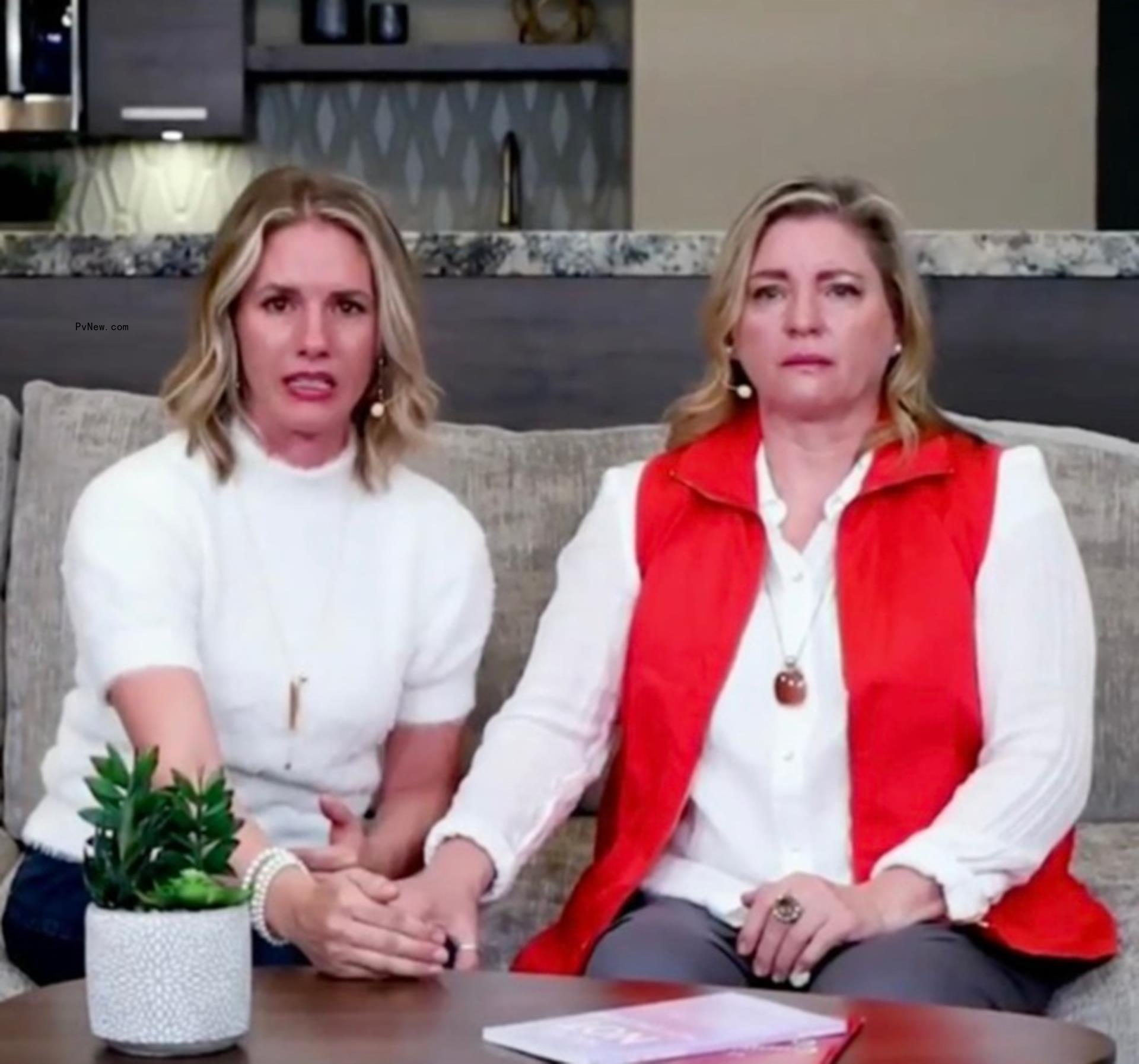 ruby franke and jodi hildebrandt holding hands on a couch