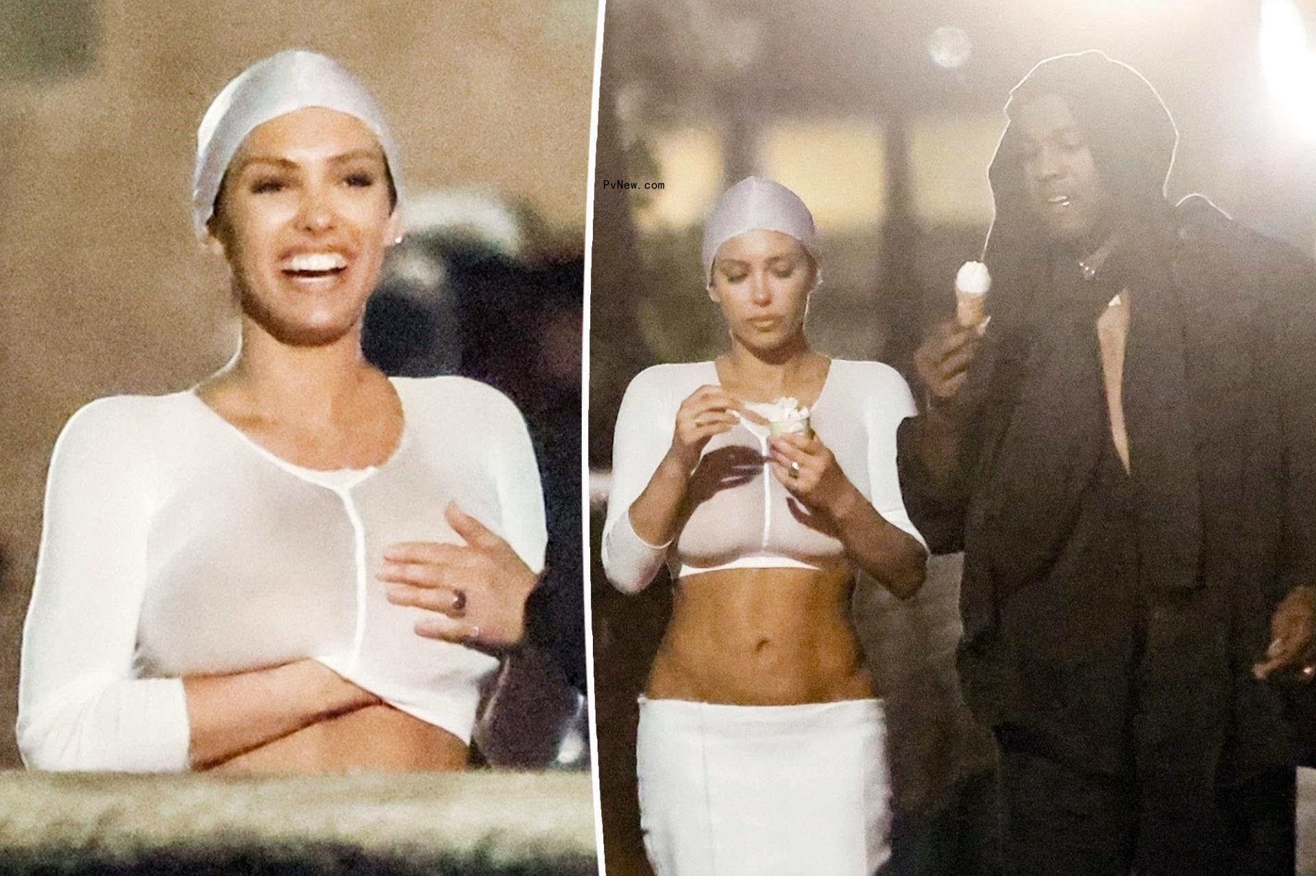 Is Kanye West’s ‘wife’ Bianca Censori wearing a pair of sheer tights as a top?