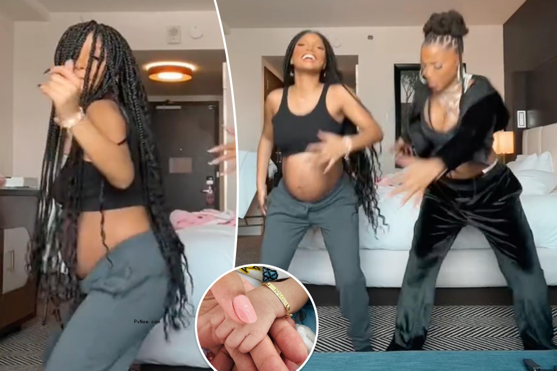 Halle Bailey shows off her bare baby bump while twerking with sister Chloe before secretly giving birth