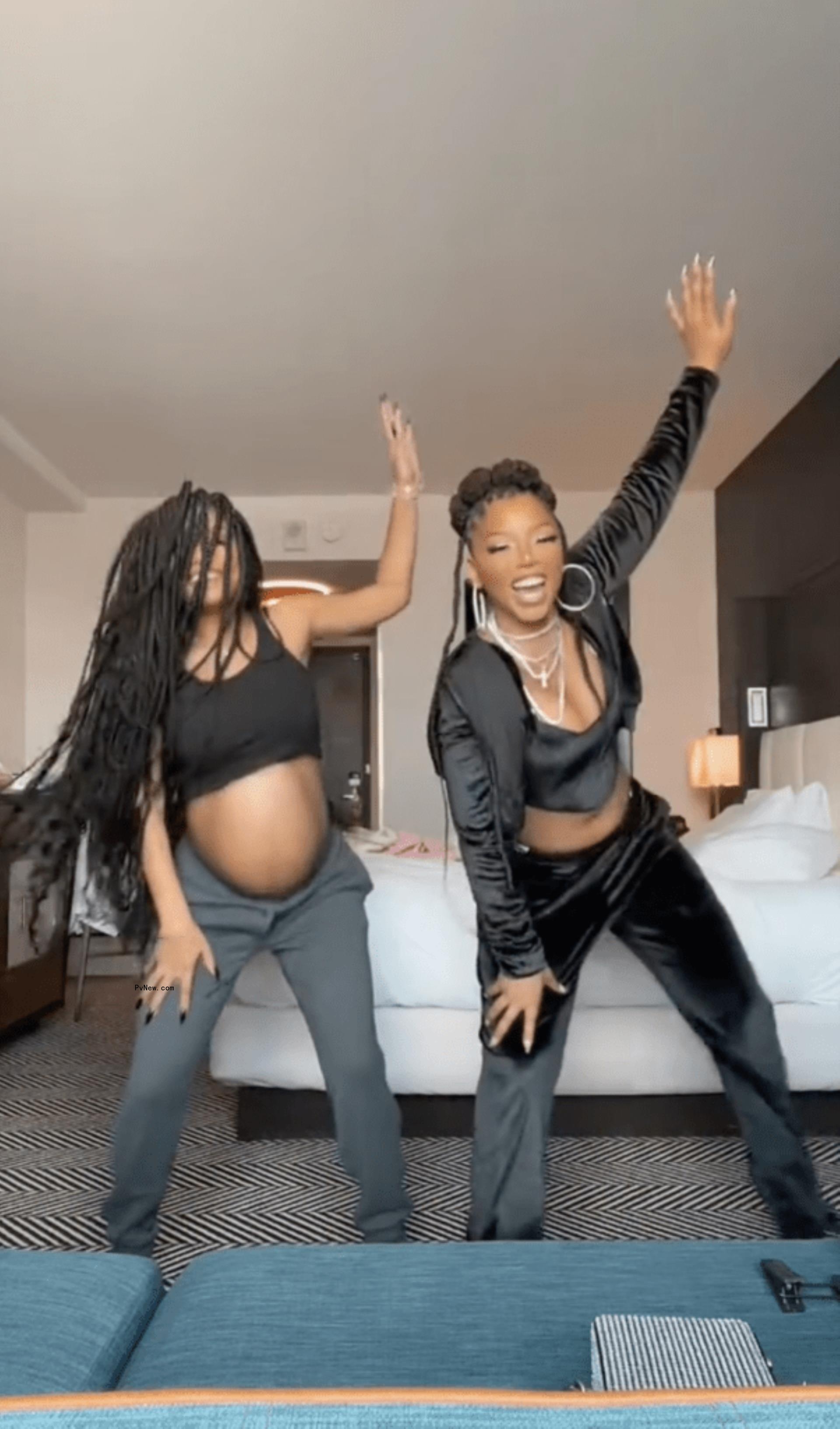 Pregnant Halle Bailey and sister Chlöe dancing 