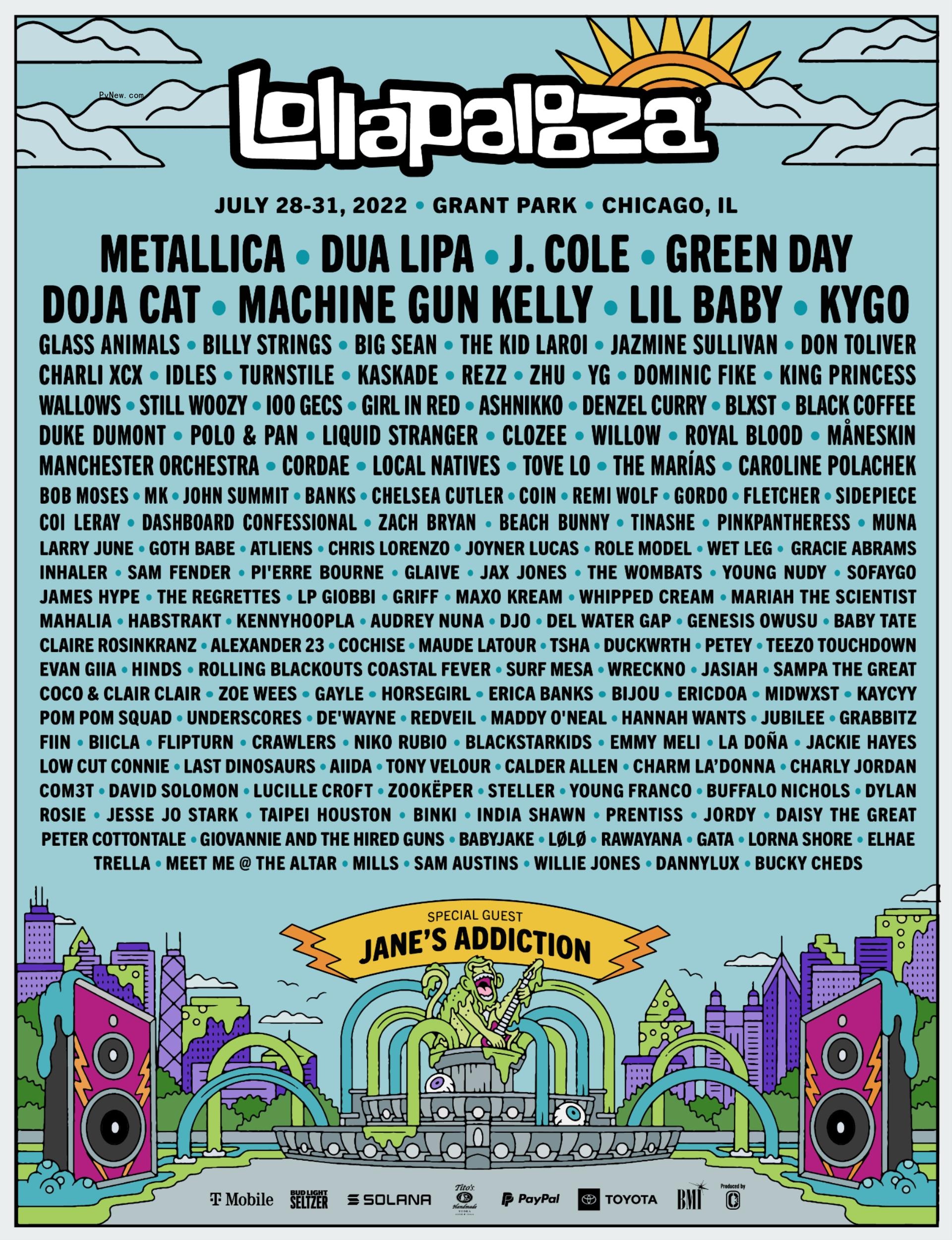 Lollapalooza Lineup Includes me<i></i>tallica, Dua Lipa, Doja Cat, Lil Baby, Glass Animals, Billy Strings