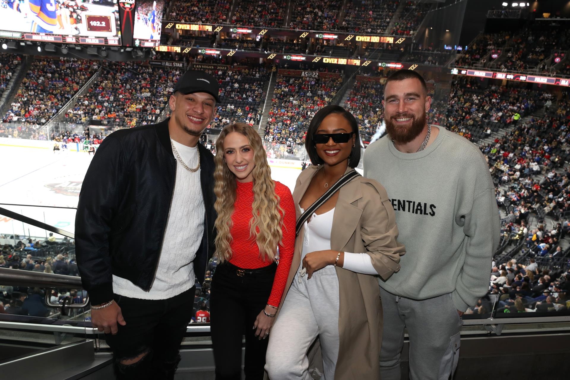 Kayla Nicole, Travis Kelce, Brittany Mahomes and Patrick Mahomes at the 2022 NHL All-Star Skills.