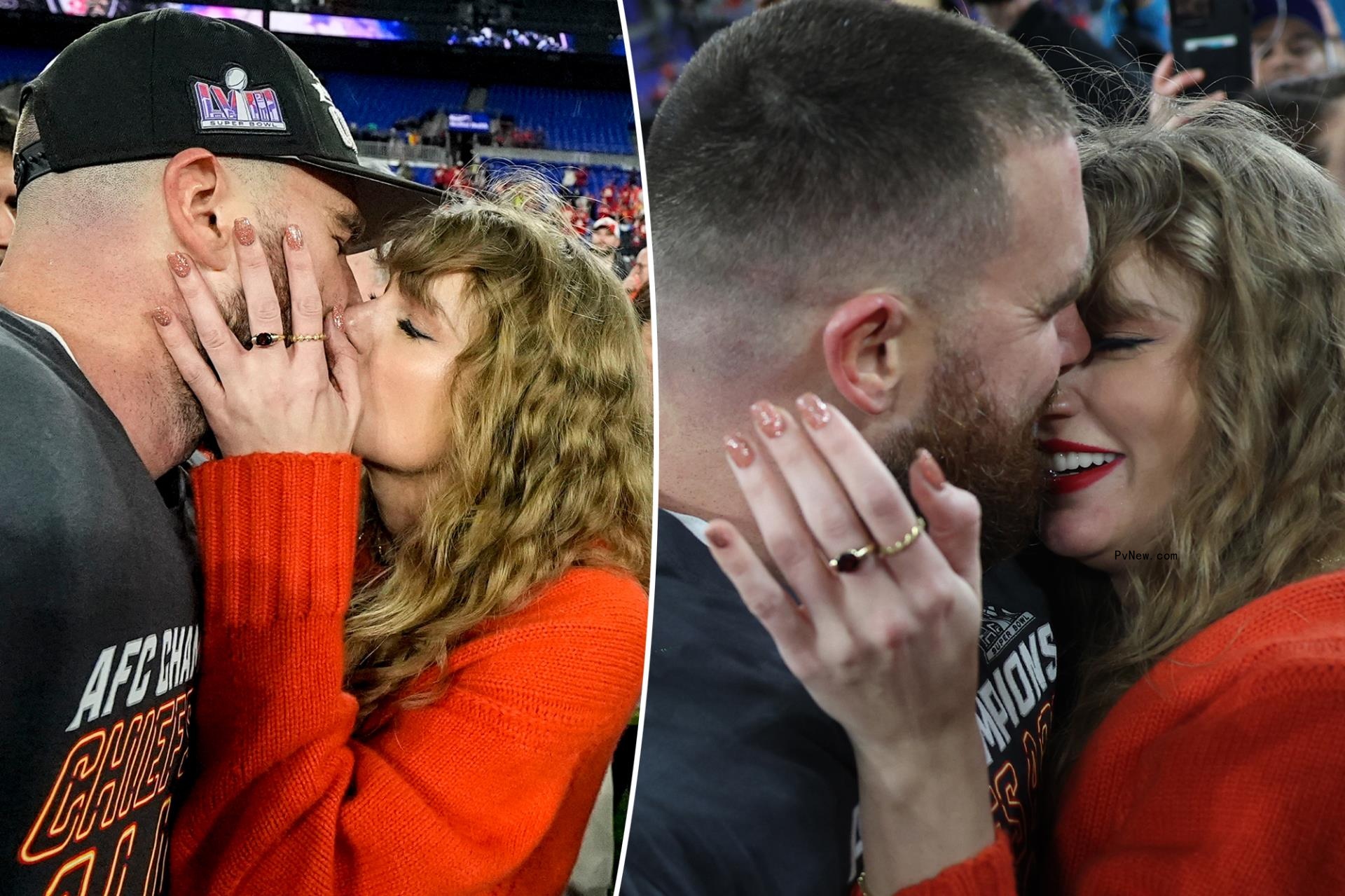 Taylor Swift and Travis Kelce passio<i></i>nately kiss on field as Chiefs defeat Ravens to head to Super Bowl 2024