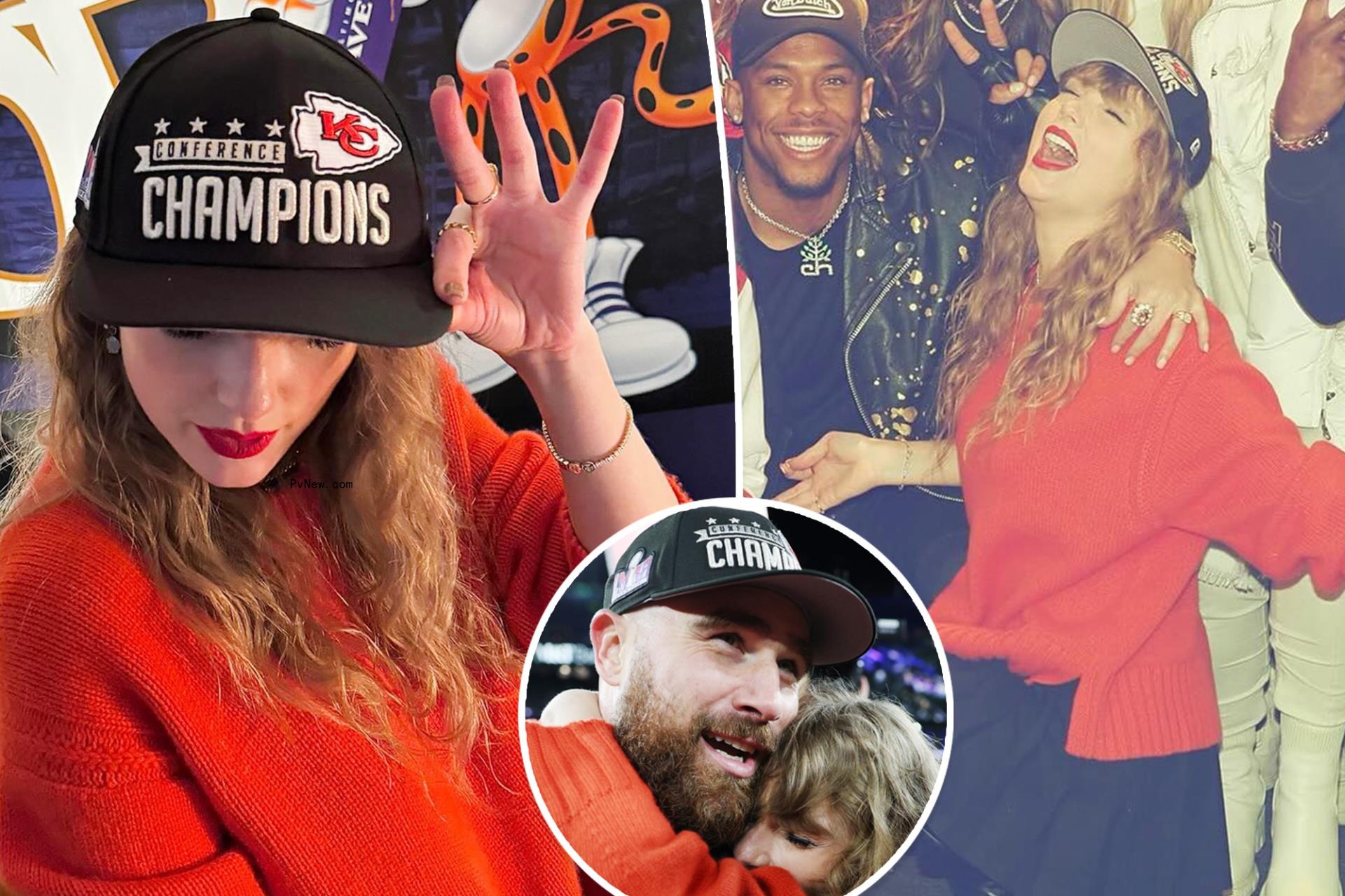 Taylor Swift wears Travis Kelce’s AFC champio<i></i>nship hat after Kansas City Chiefs clinch Super Bowl spot
