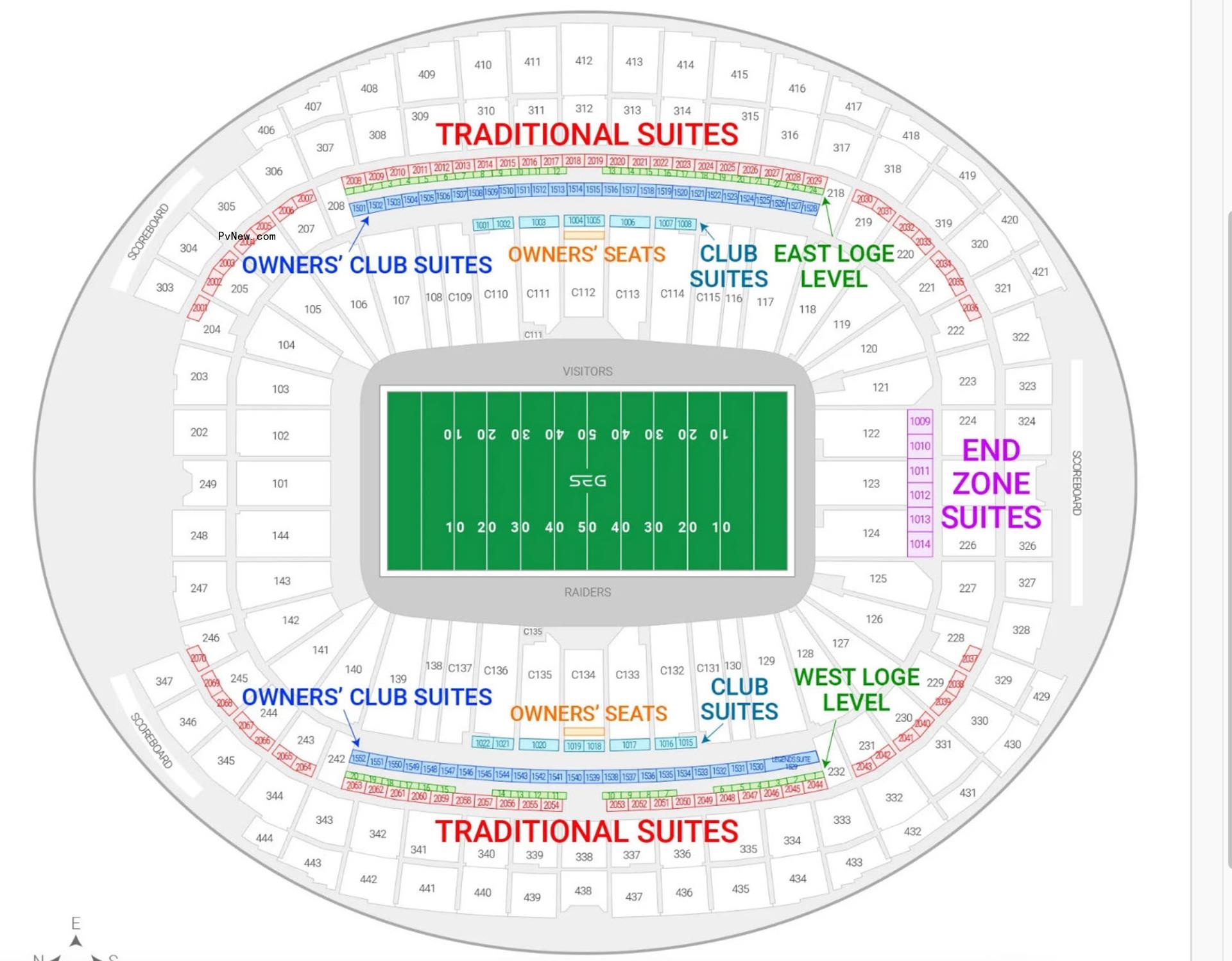 A map of the suites at Allegiant Stadium.