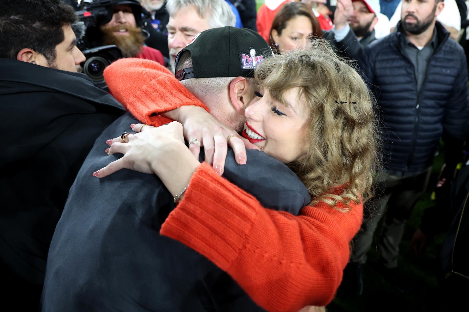 Travis Kelce and Taylor Swift after the AFC Championship.