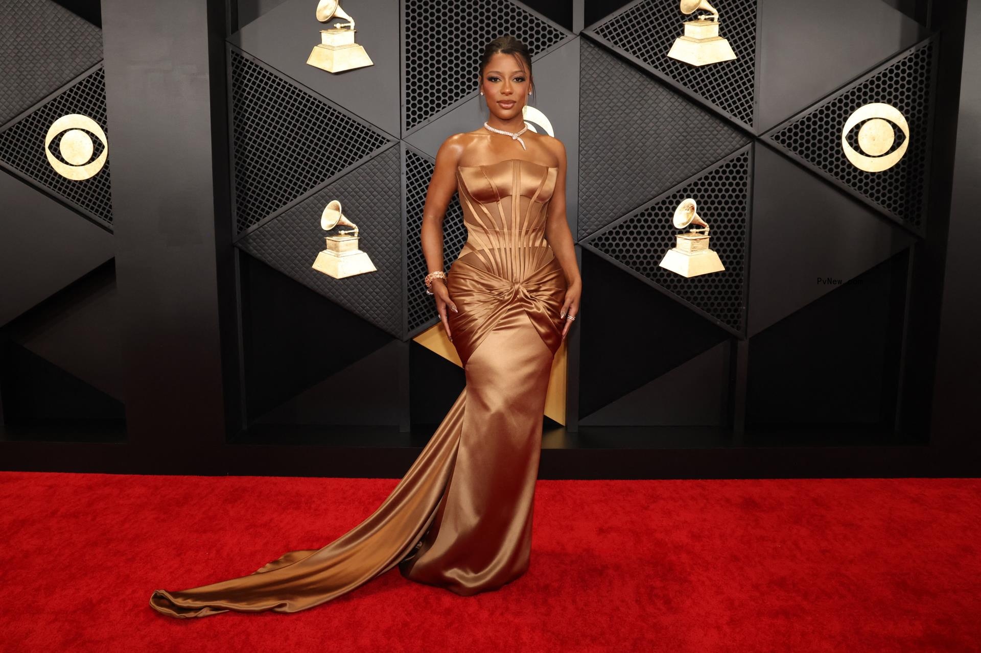 Victoria Mo<i></i>net poses on the red carpet as she attends the 66th Annual Grammy Awards in Los Angeles, California, U.S., February 4, 2024.