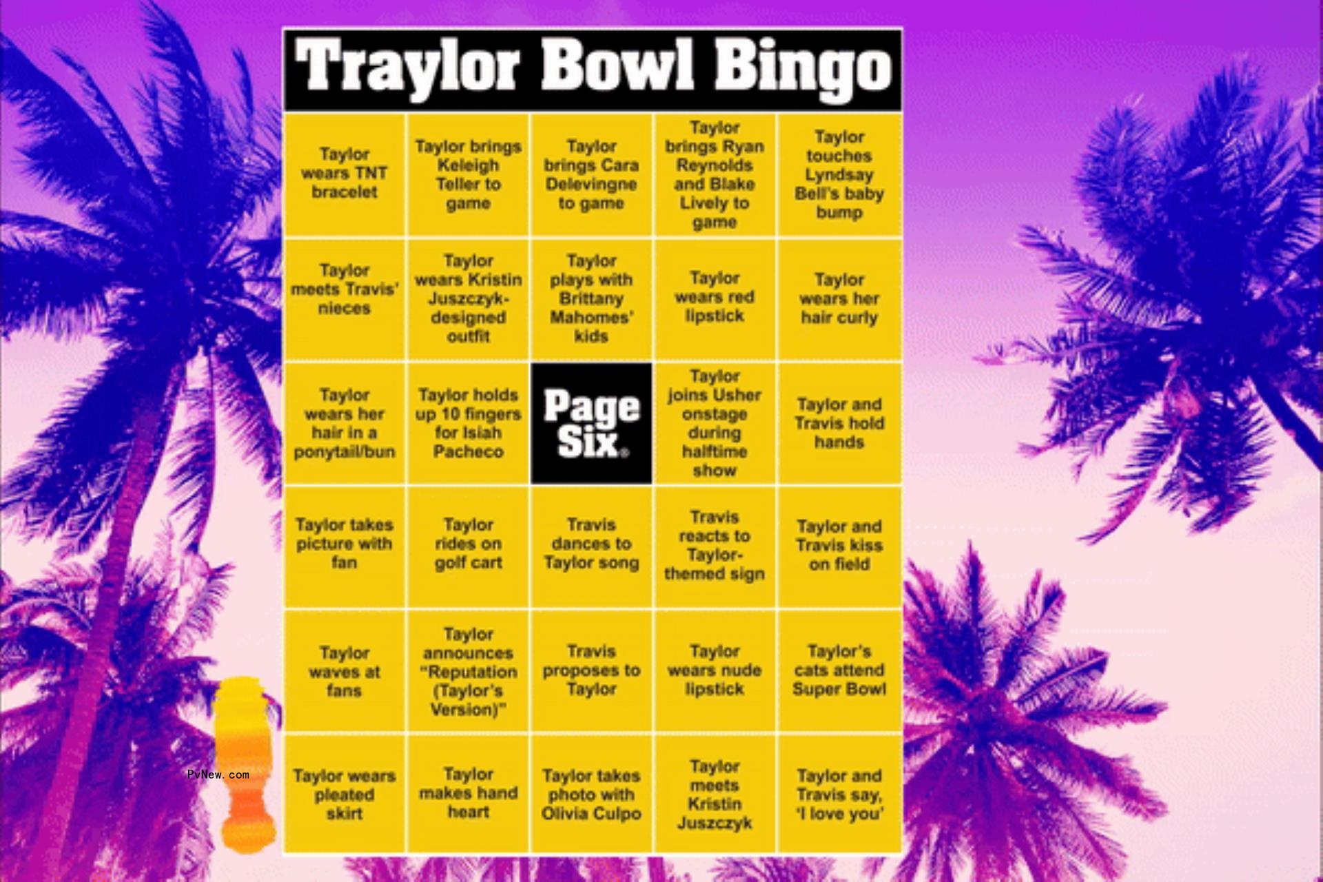 Pvnew’s printable Taylor Swift and Travis Kelce bingo card for Super Bowl 2024