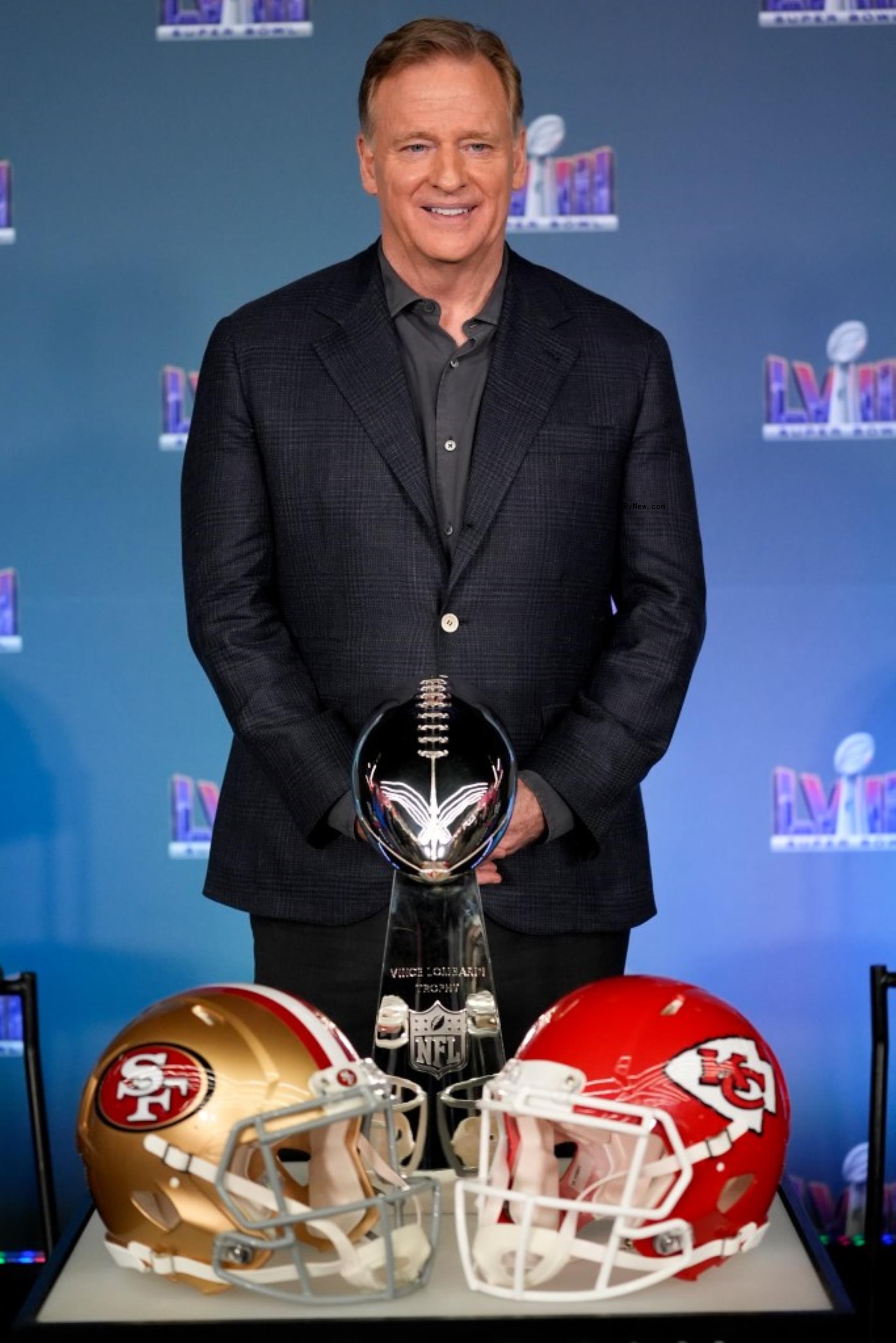 Roger Goodell poses during a Super Bowl 58 news conference.