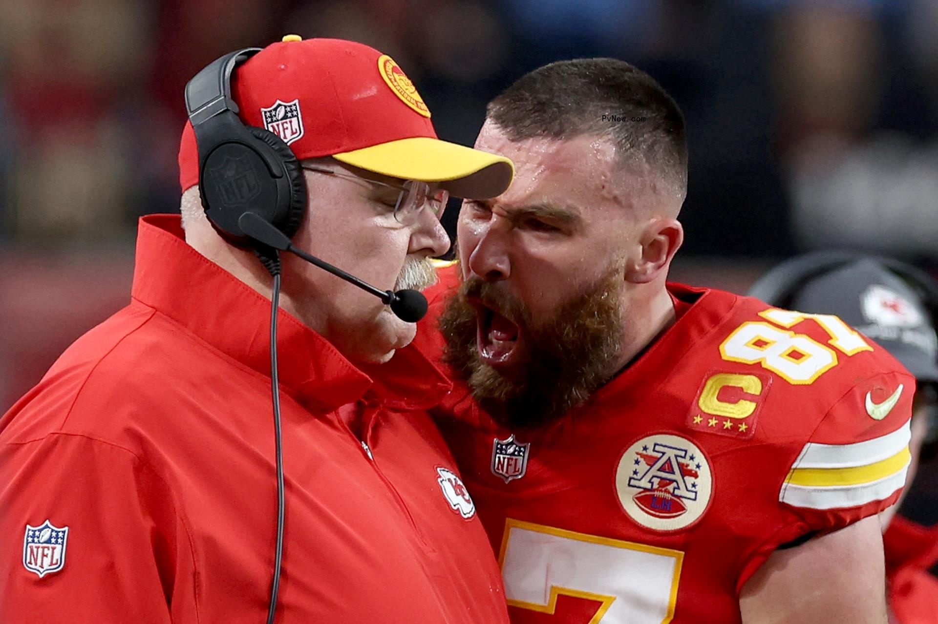 Travis Kelce screaming at Andy Reid